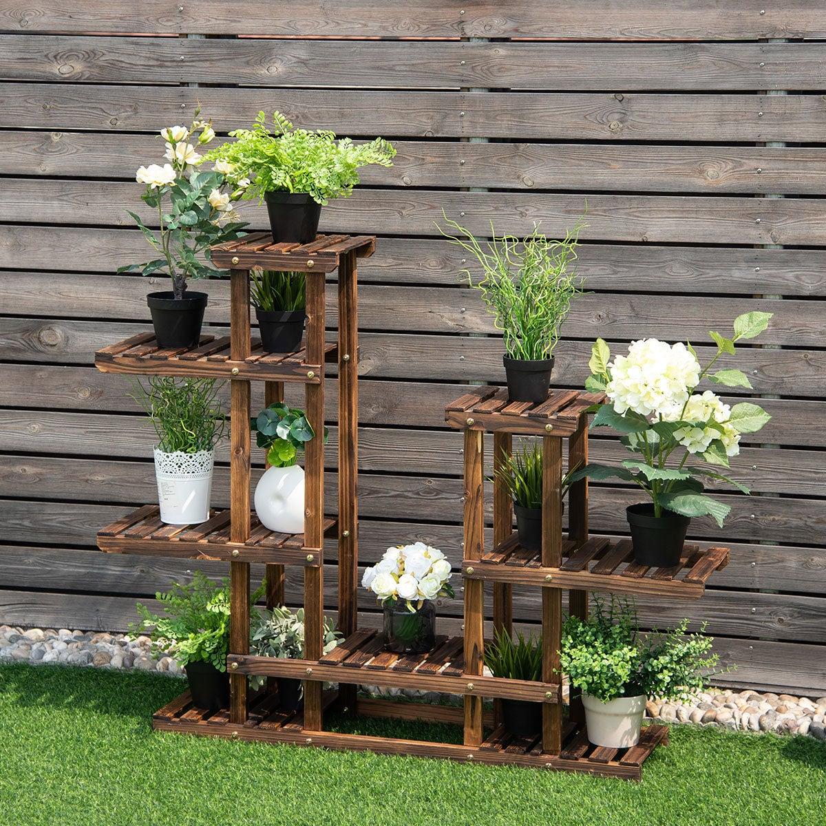 Costway 6Tier 13 Pots Wooden Plant Flower Display Stand Wood Shelf Storage Rack Garden