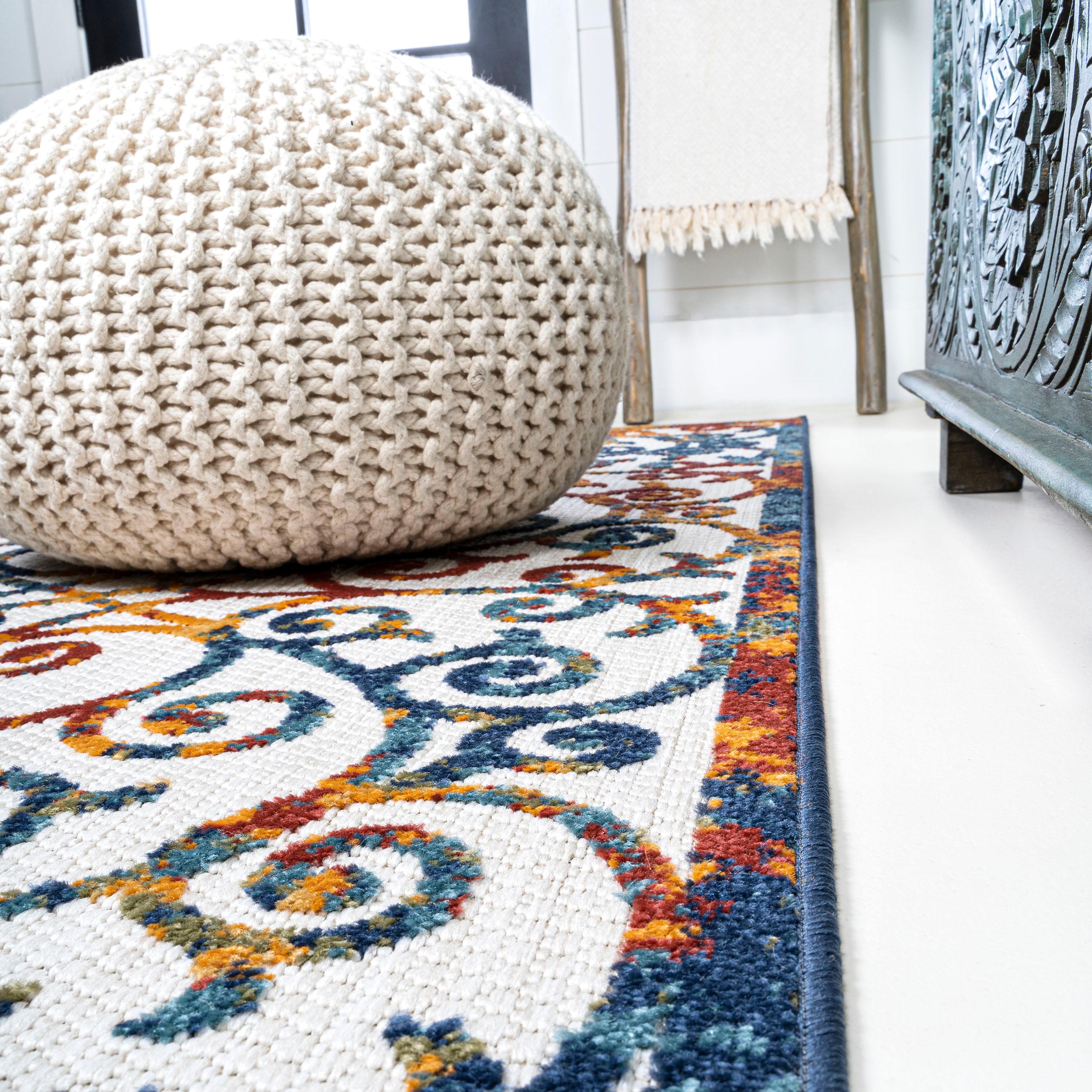 3'x5' Atrani Scroll Trellis Indoor/Outdoor Area Rug, Cream/Blue/Red - JONATHAN Y