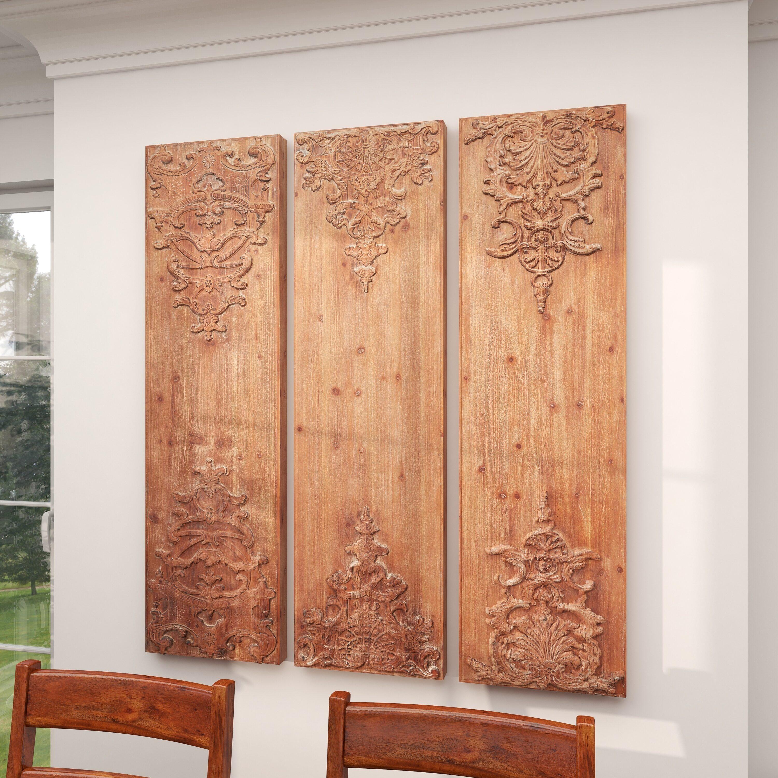 Wood Floral Carved Antefix Wall Decor Set of 3 Brown - Olivia & May: Rustic Style, Indoor Vertical Panels