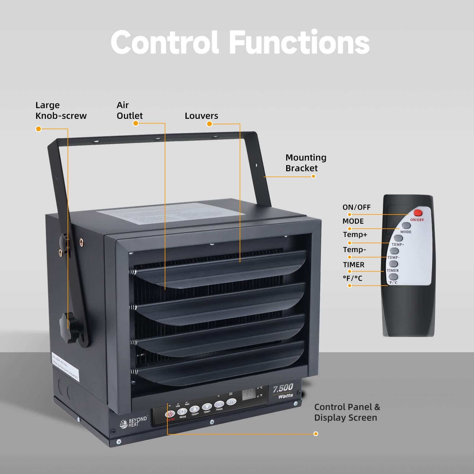 BEYOND HEAT Garage Heater, 7500W Heater for Garage with Full-Function Remote, 12-Hour Timer, Adjustable Thermostat, Overheat Protection for Garage, Workshop and Warehouse