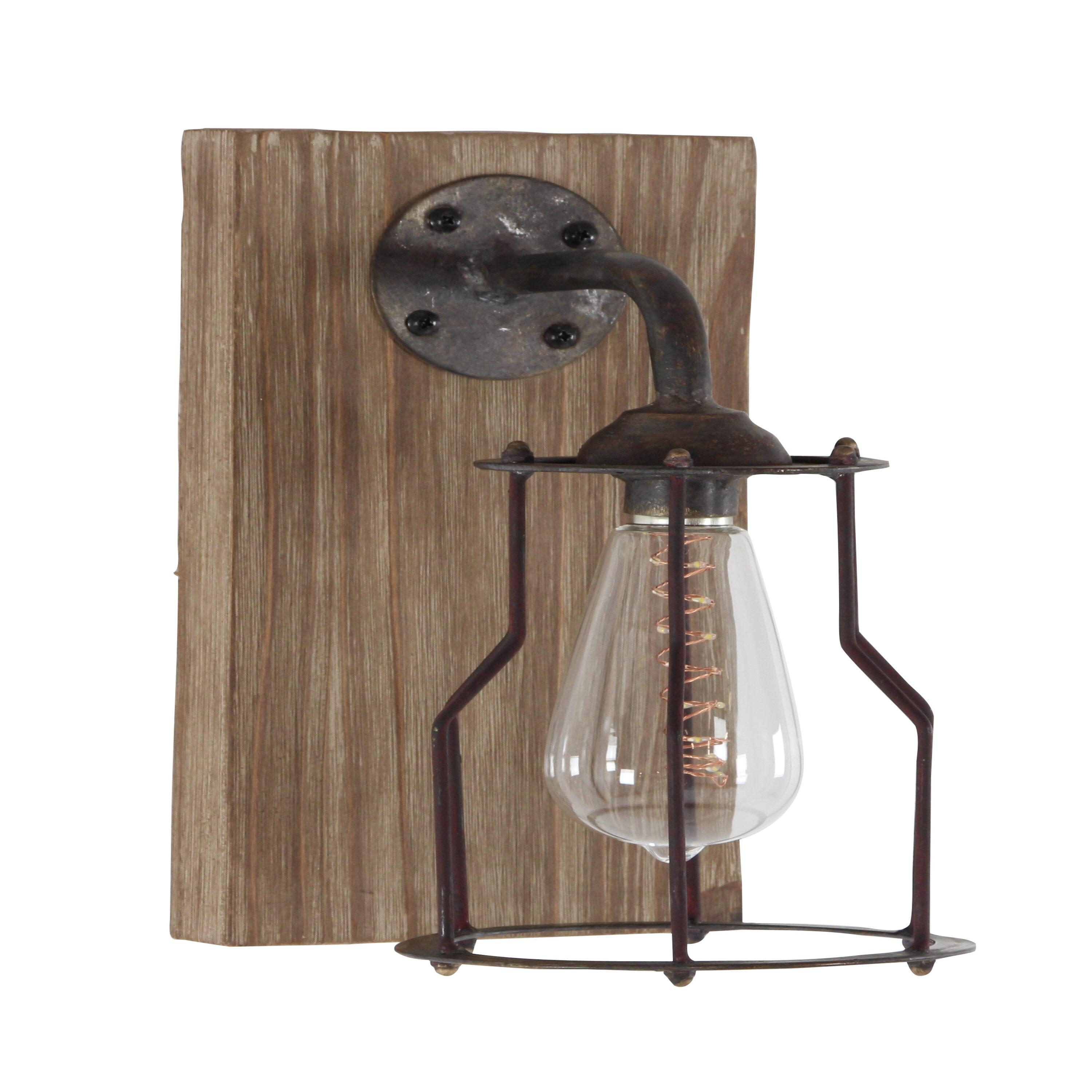 DecMode Industrial Metal Wall Sconce with Wood Backplate and Iron Cage, 6"W x 11"H Features Rustic Brown Finish