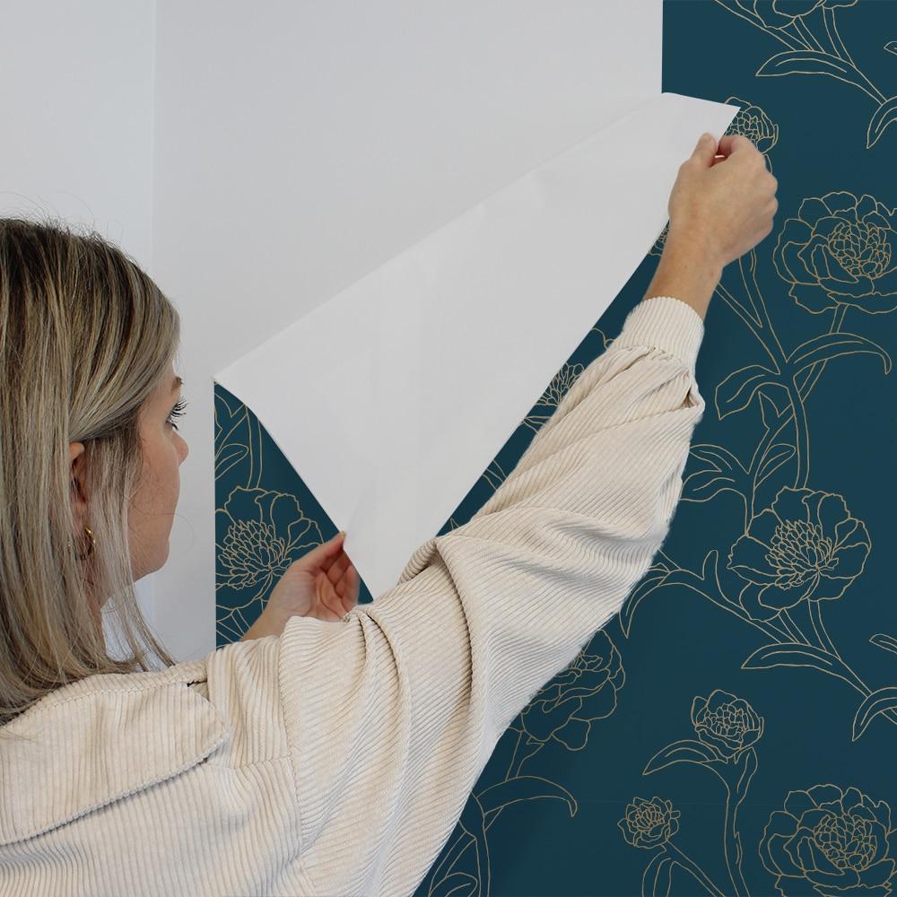 Tempaper & Co.® Peonies Removable Peel and Stick Wallpaper, Peacock Blue and Metallic Gold Floral, 28 sq. ft.: Vinyl Self-Adhesive
