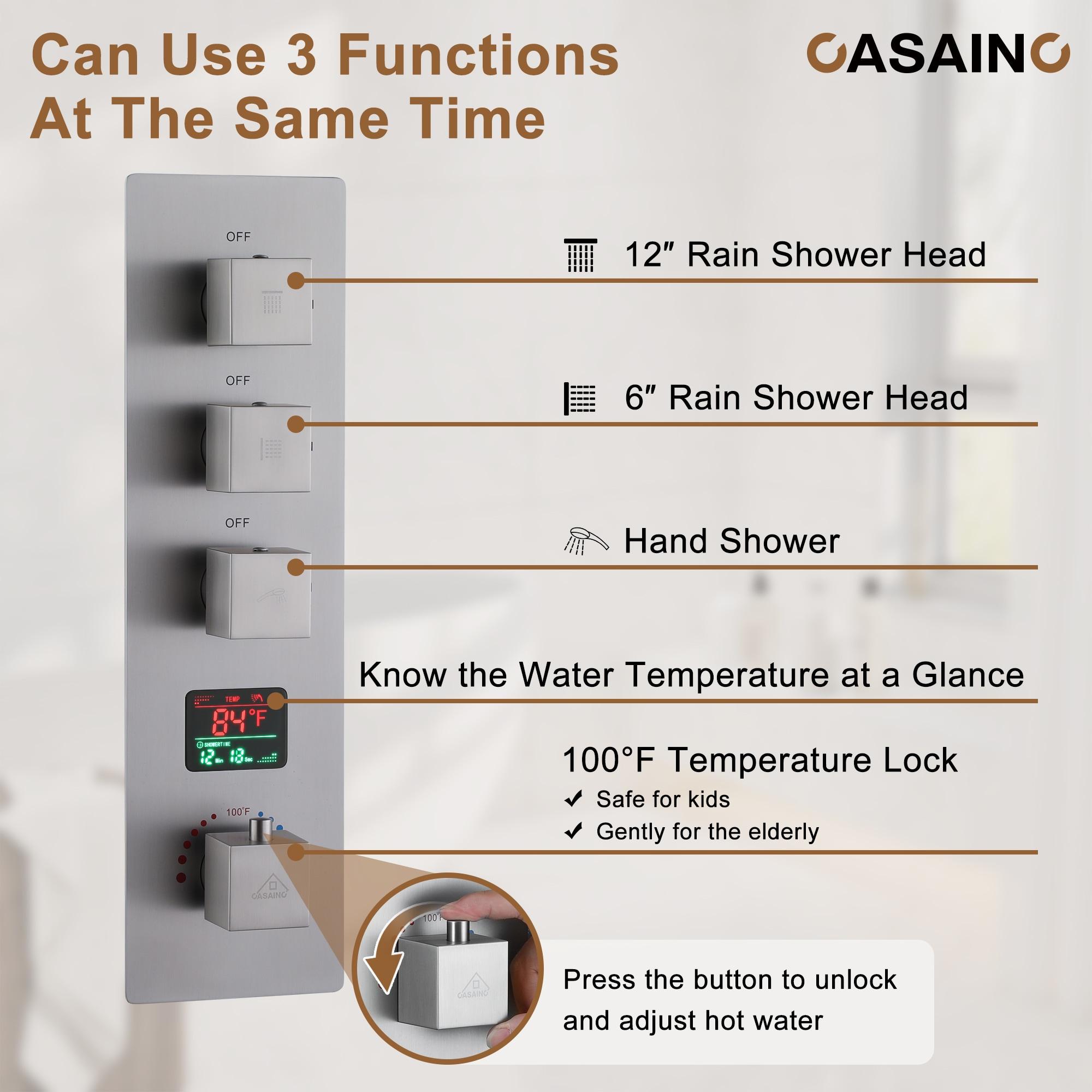 Rainfall Symphony 12" Flush Mount Rainfall Temperature Display Thermostatic Shower System with 64 Color LED and Music