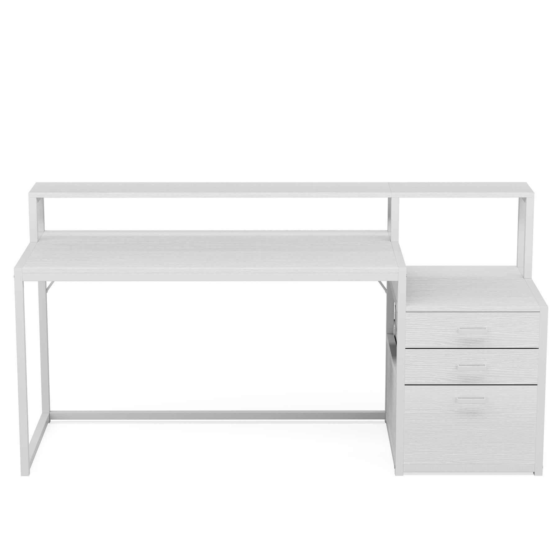 White Wood 63" Computer Desk with Drawers and Filing Cabinet