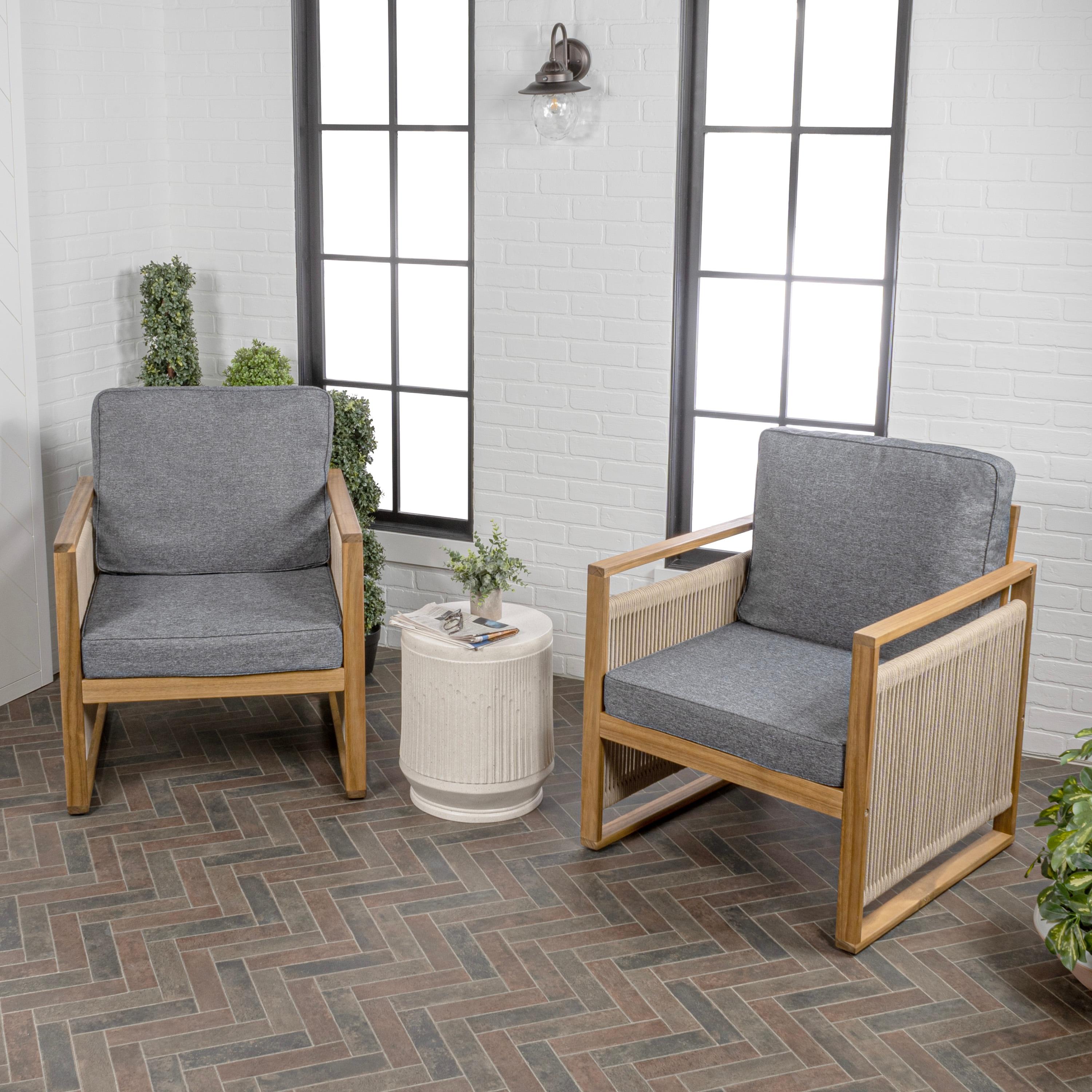 Gable Mid-Century Modern Roped Acacia Wood Outdoor Patio Chair with Cushions, Gray/Teak Brown (Set of 2) - JONATHAN Y