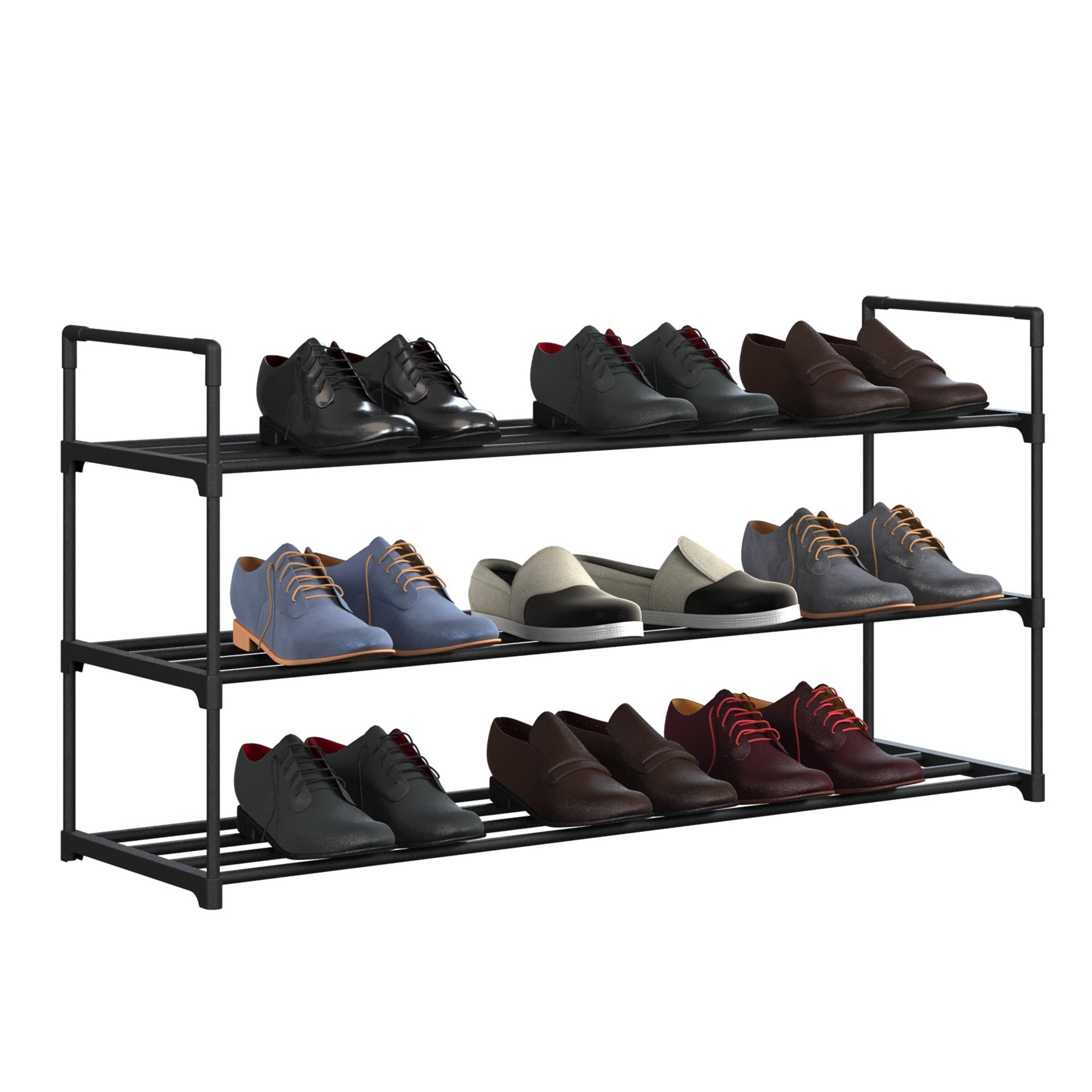 Shoe Rack - 3-Tier Shoe Organizer for Closet, Bathroom, Entryway - Shelf Holds 15 Pairs Sneakers, Heels, Boots by Home-Complete (Black)