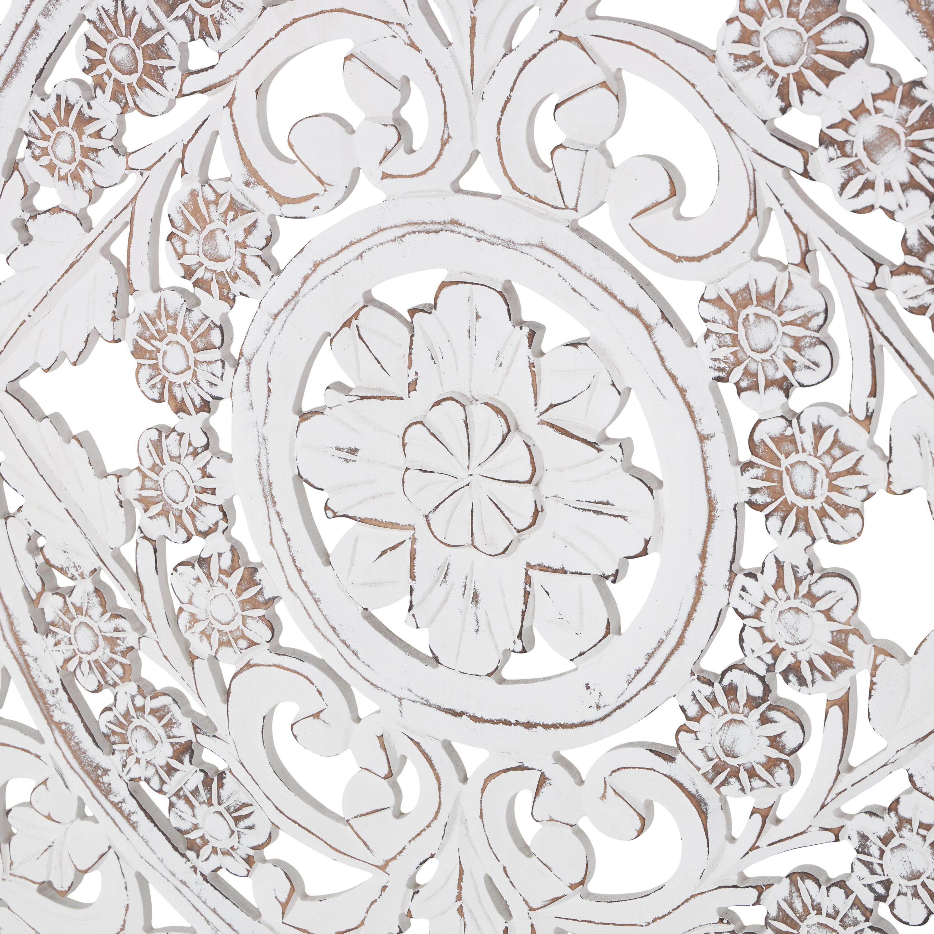 DecMode Traditional Wood Square White Handmade Wall Décor with Carved Mandala Design, 36"W x 36"H