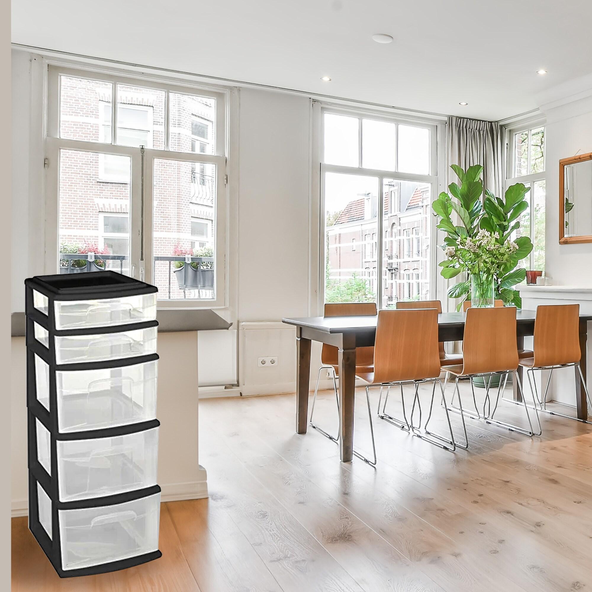 Homz Plastic 5 Clear Drawer Medium Home Closet Organizer Storage Container Tower with 3 Large Drawers and 2 Small Drawers, Black Frame