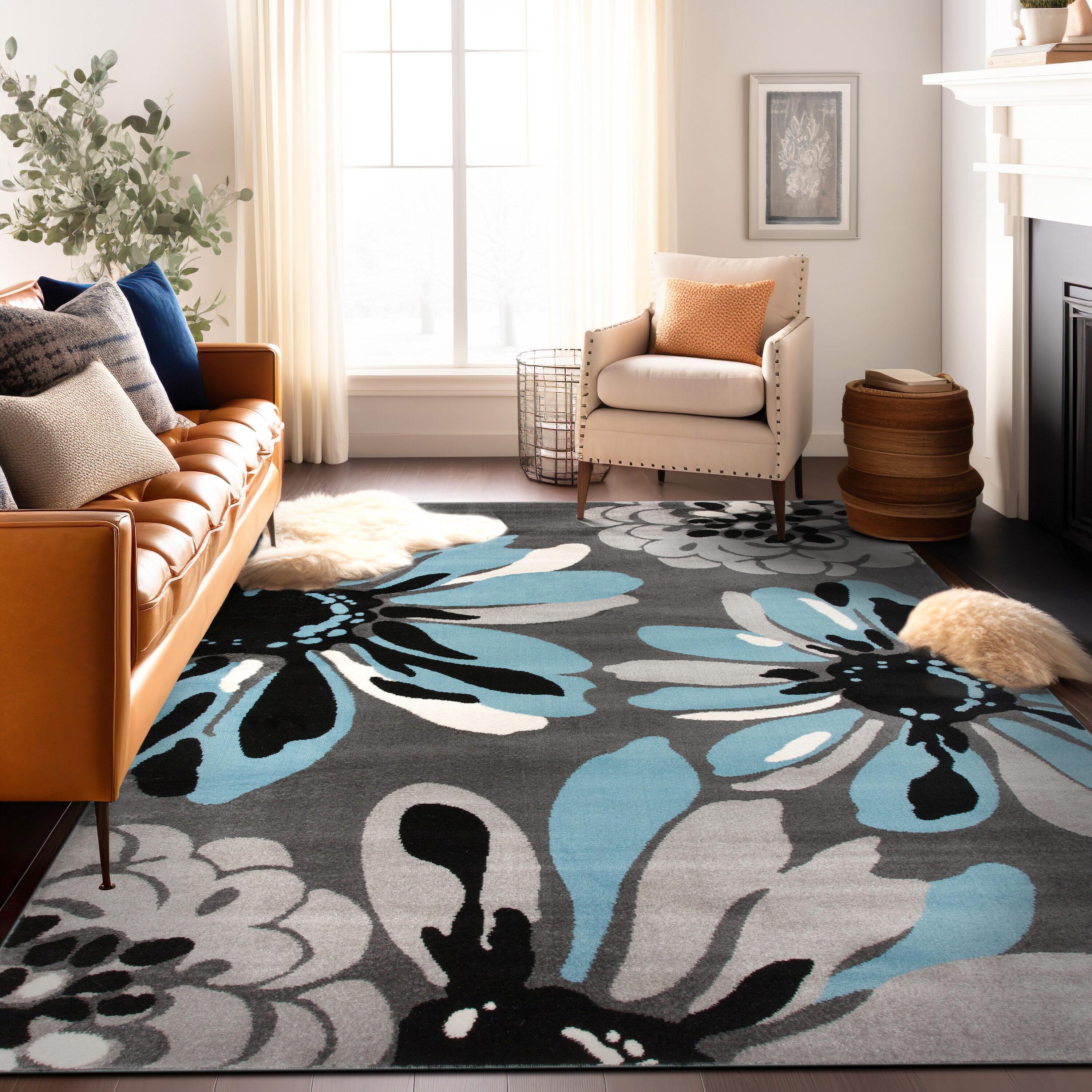 World Rug Gallery Contemporary Modern Flowers Area Rug - Blue 5'3" x 7'3"