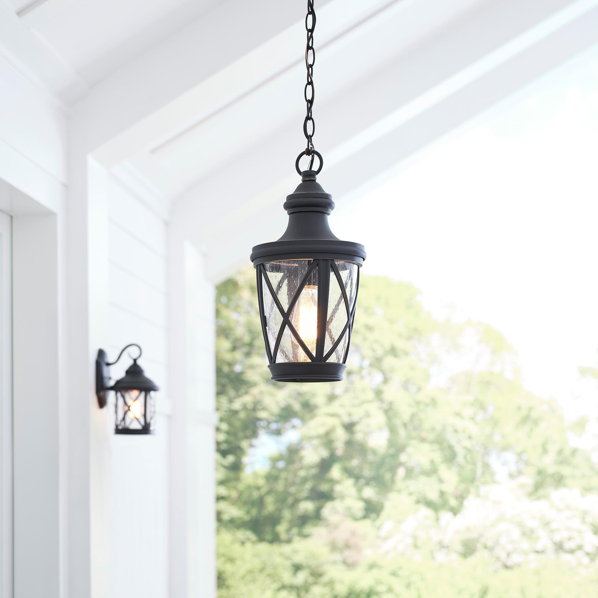 allen + roth Castine Bronze Craftsman Seeded Glass Lantern Led Medium Outdoor Hanging Pendant Light