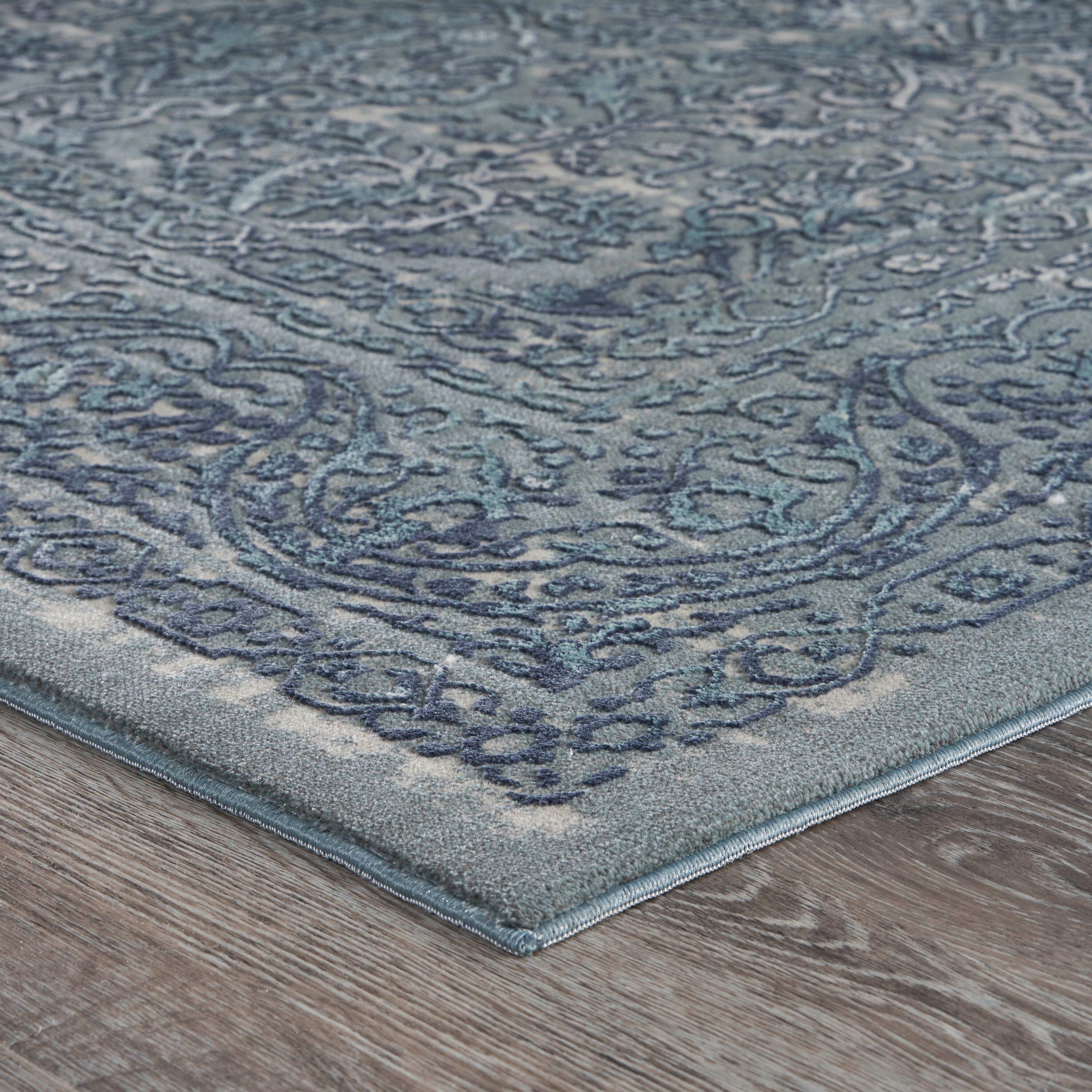 LR Home Imara Amety Blue/Silver Traditional Damask Polyester Area Rug, 9'6" x 13'