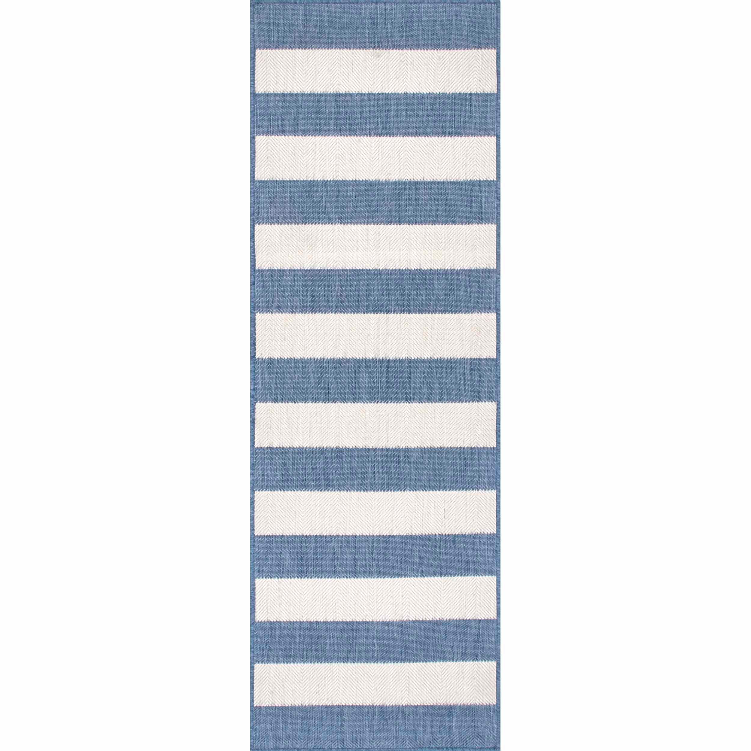 Nuloom Alexis Striped 2x8 Indoor/Outdoor Runner Rug for Living Room Patio Deck Front Porch Entryway Hallway Kitchen, Blue/Ivory