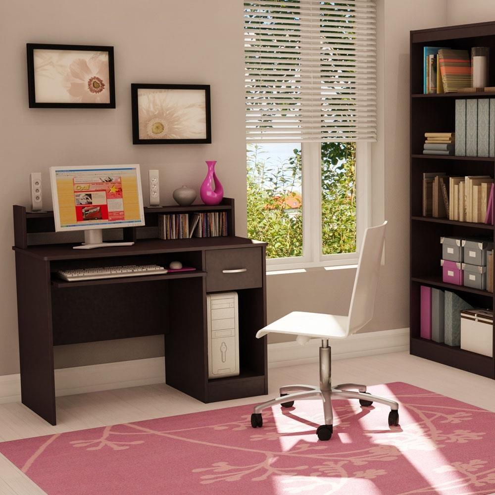 Compact Chocolate Laminated Particleboard Computer Desk with Hutch and Keyboard Tray