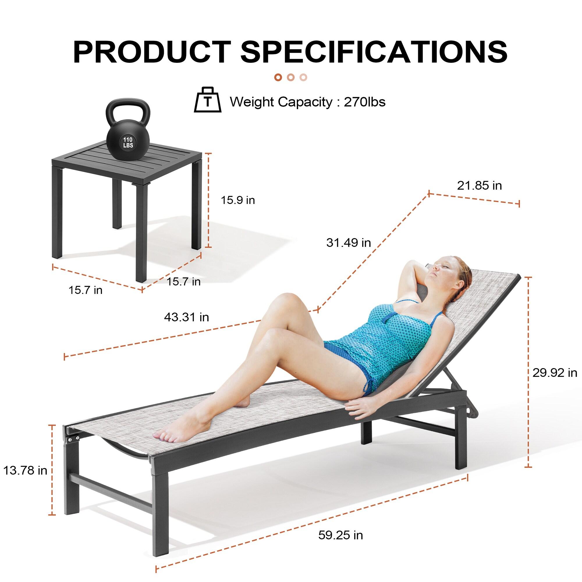 Crestlive Products Outdoor Aluminum Textilene Chaise Lounge Chairs and Table Set of 3 Earth Fabric, Dark Grey Frame