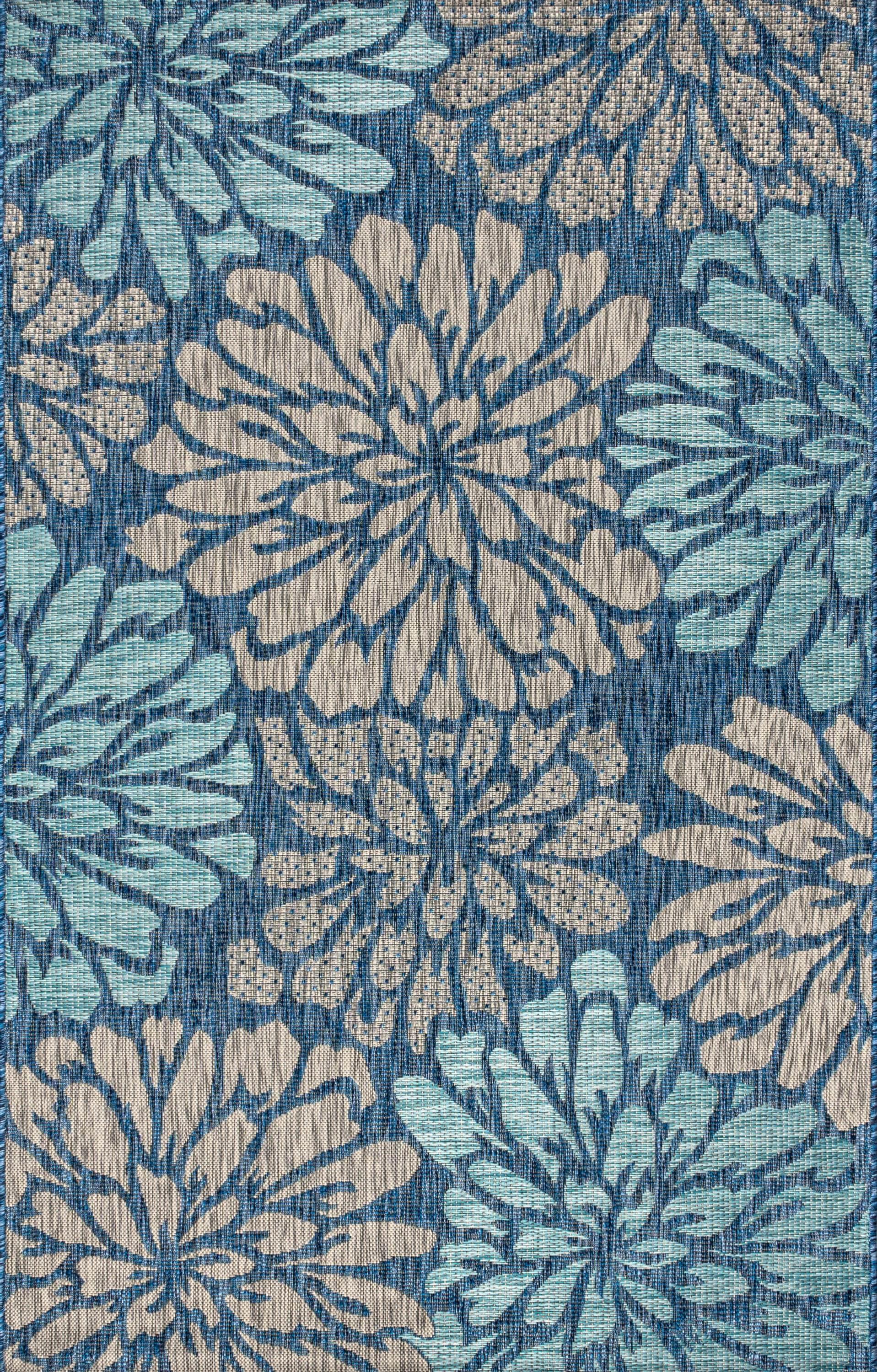 3'x5' Zinnia Modern Floral Textured Weave Indoor/Outdoor Area Rug, Navy/Aqua - JONATHAN Y