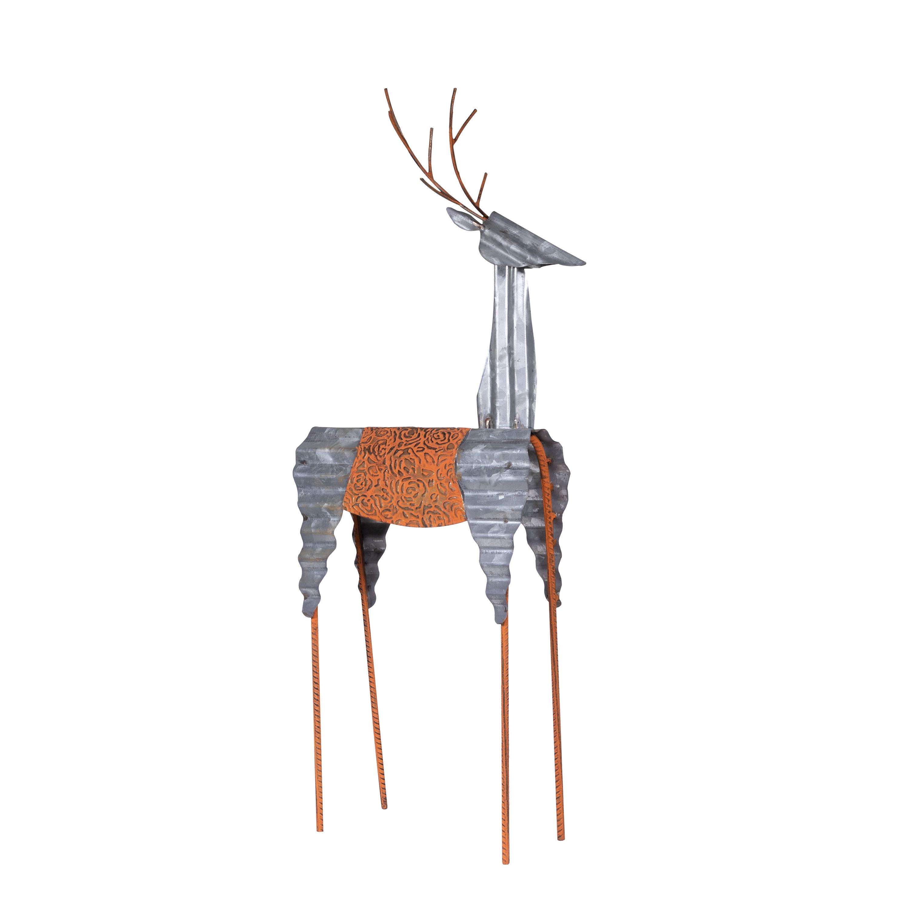 30-Inch Tall Silver and Orange Metal Reindeer Decoration