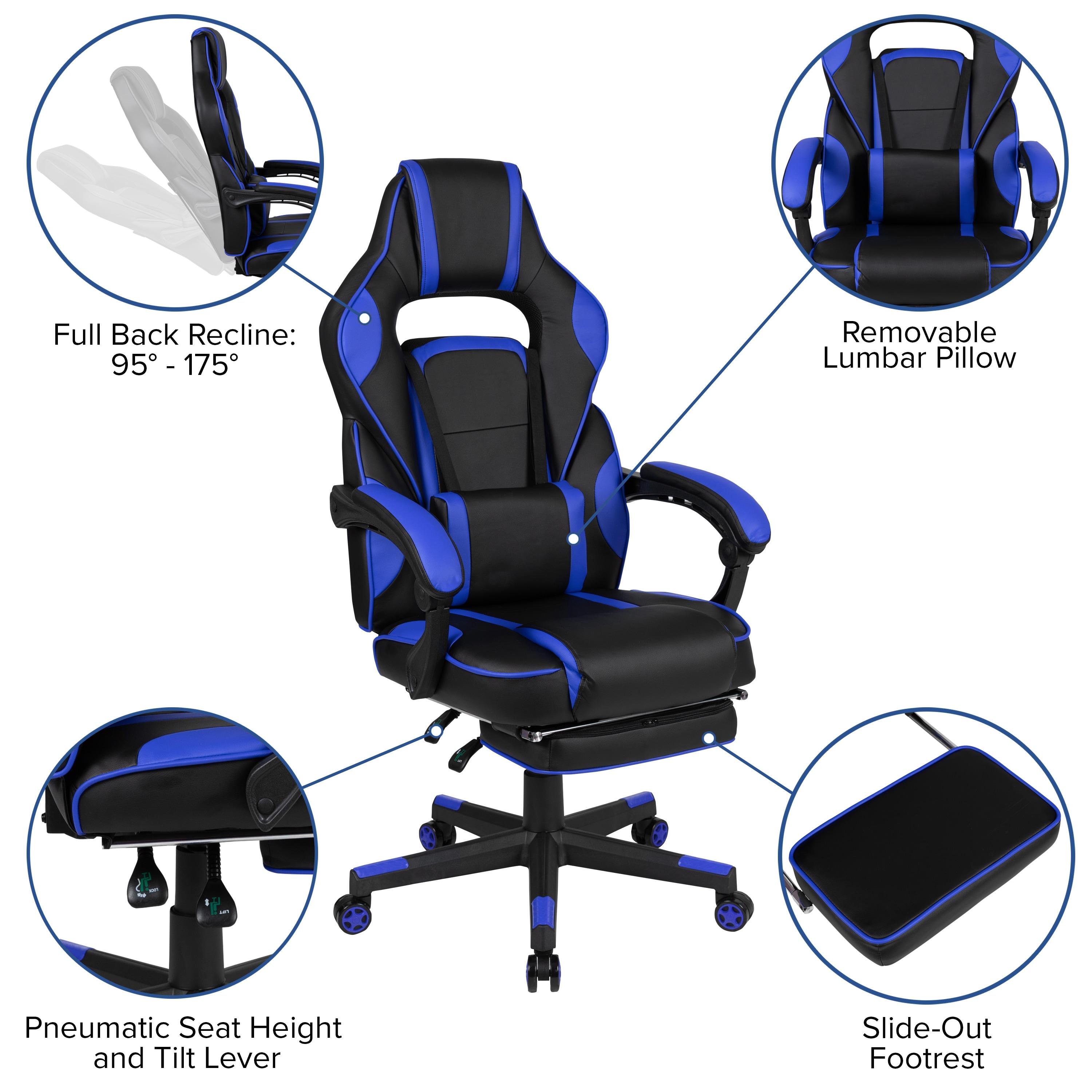 Flash Furniture X40 Gaming Chair Racing Ergonomic Computer Chair with Fully Reclining Back/Arms, Slide-Out Footrest, Massaging Lumbar - Black/Blue