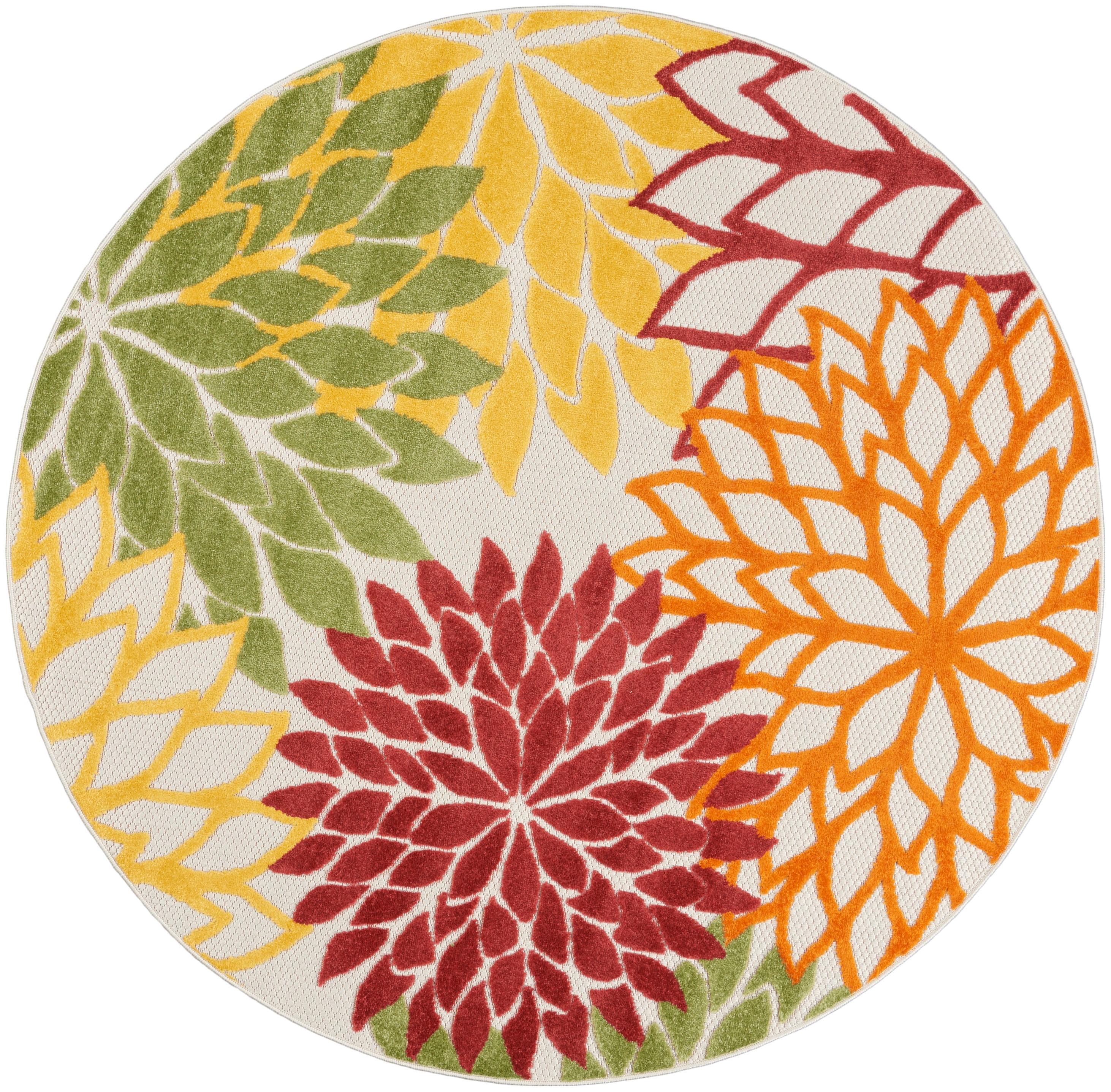 Nourison Aloha Floral Bloom Flatweave High-Low Indoor Outdoor Round Rug Red Multi Colored 5'3" x 5'3"