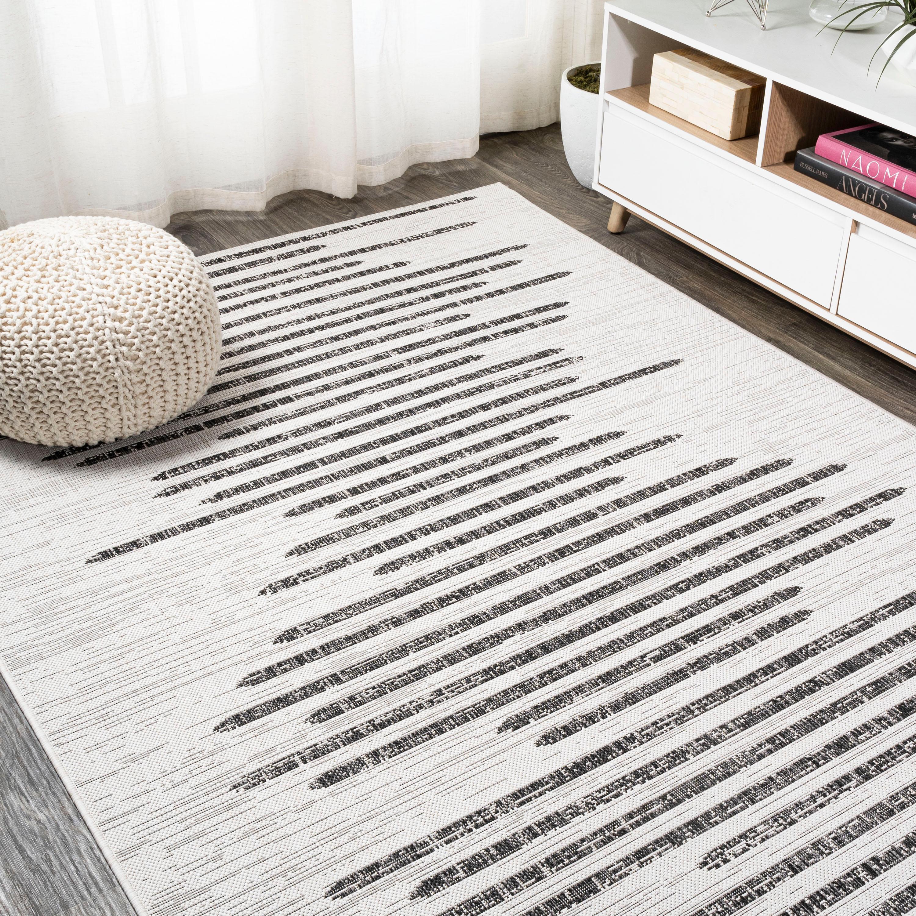 4'x6' Zolak Berber Stripe Geometric Indoor/Outdoor Area Rug, Ivory/Black - JONATHAN Y