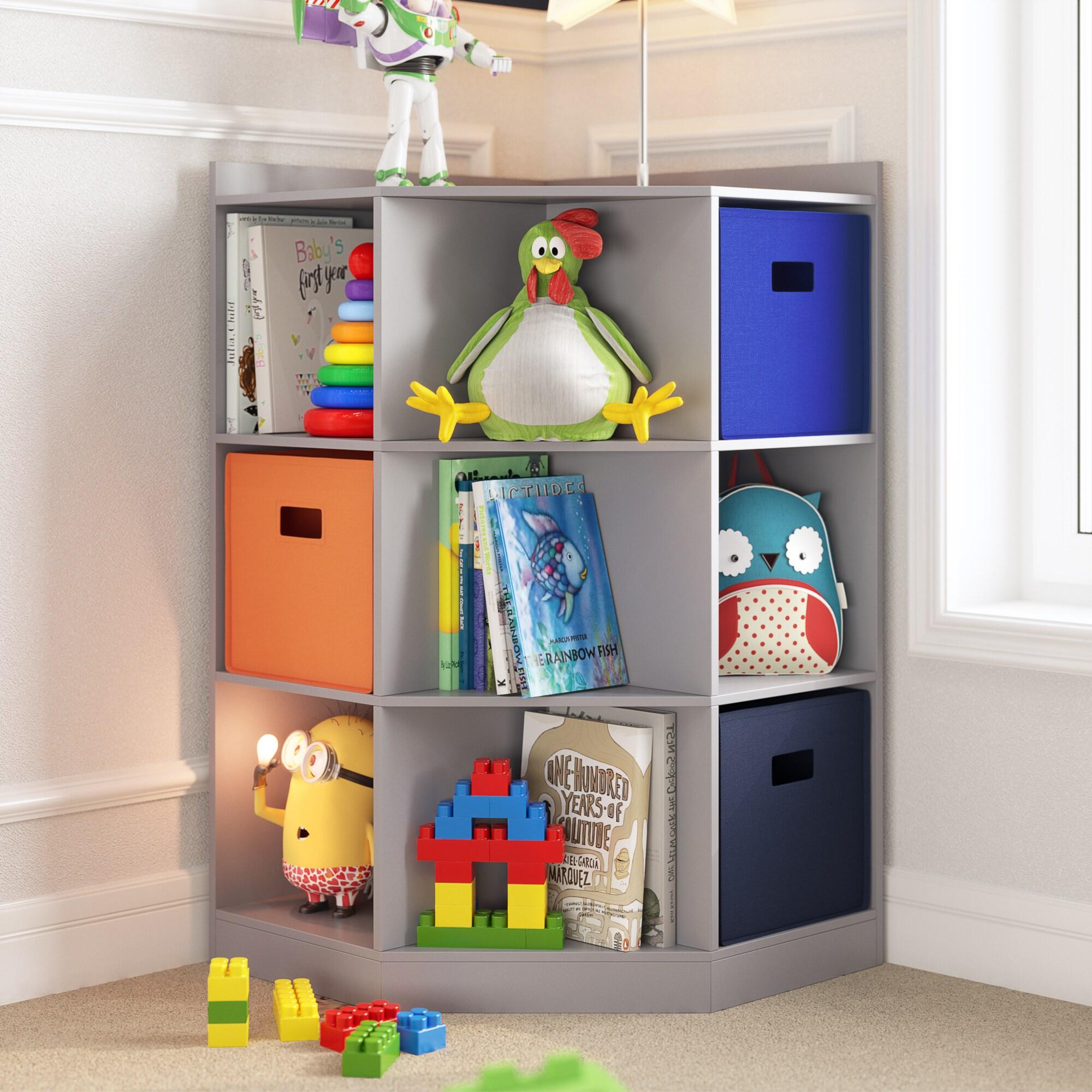 RiverRidge Kids Corner Playroom Cabinet with 6 Toy Storage Cubbies and 3 Angled Shelves