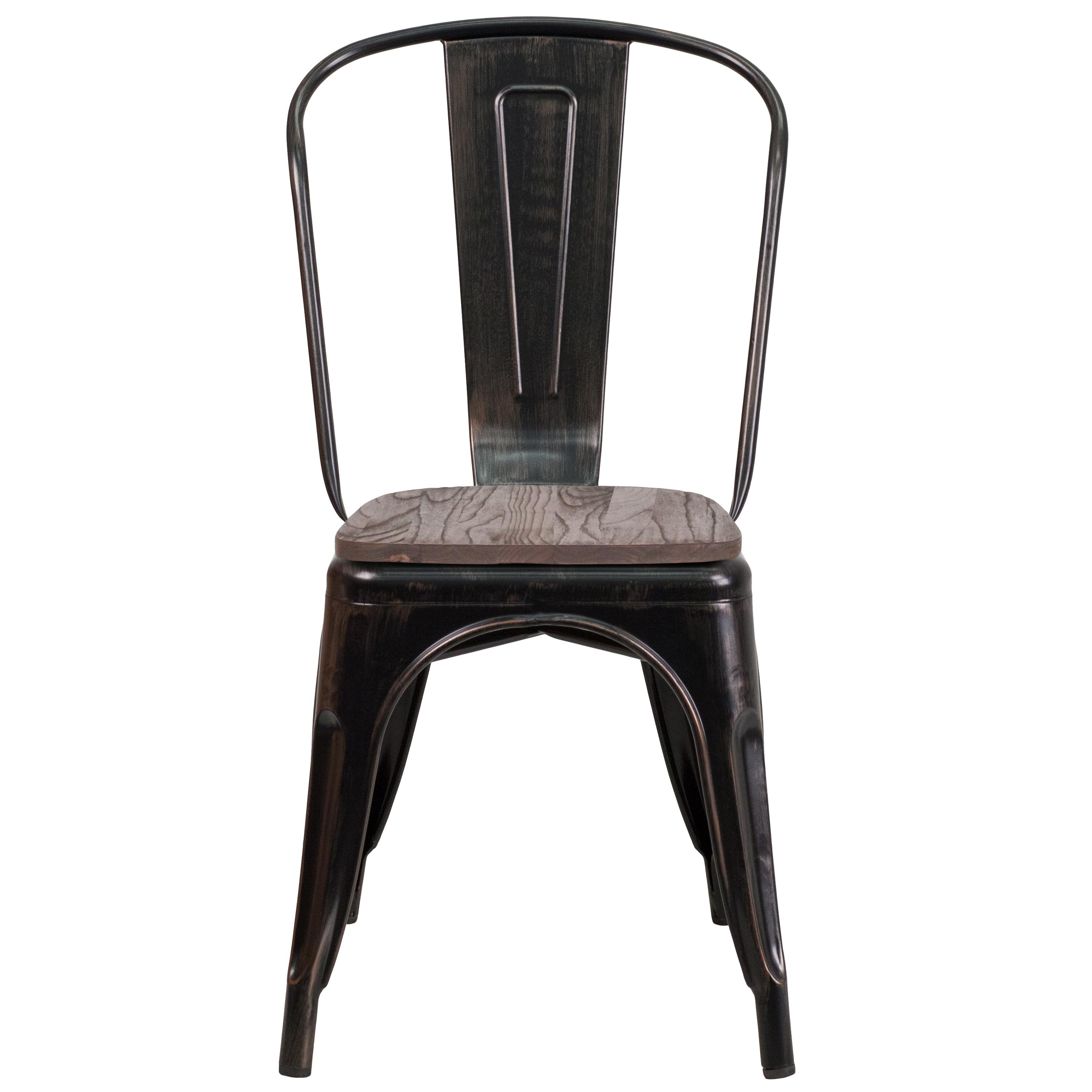 Flash Furniture Black-Antique Gold Metal Stackable Chair with Wood Seat