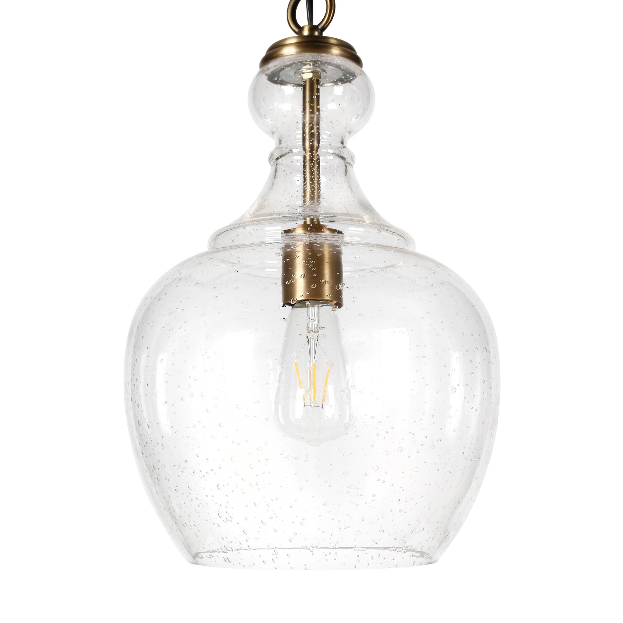 Henn&Hart 11" Wide Pendant with Glass Shade in Brass/Seeded, Pendant, Flush Mount Ceiling Light Fixture for Kitchen, Living Room