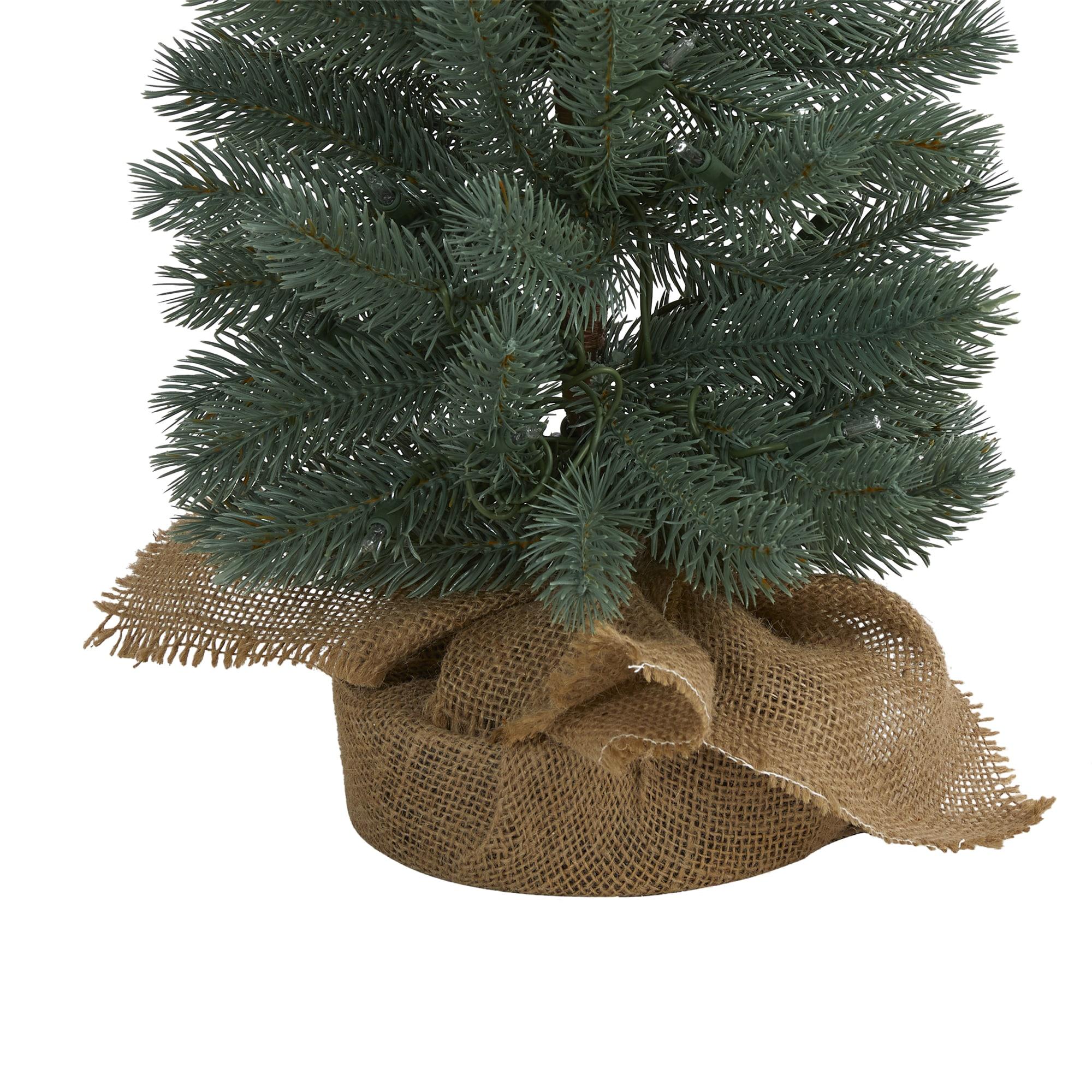 Nearly Natural 4ft. Green Pine Artificial Christmas Tree with 70 Warm White Lights Set in a Burlap Base