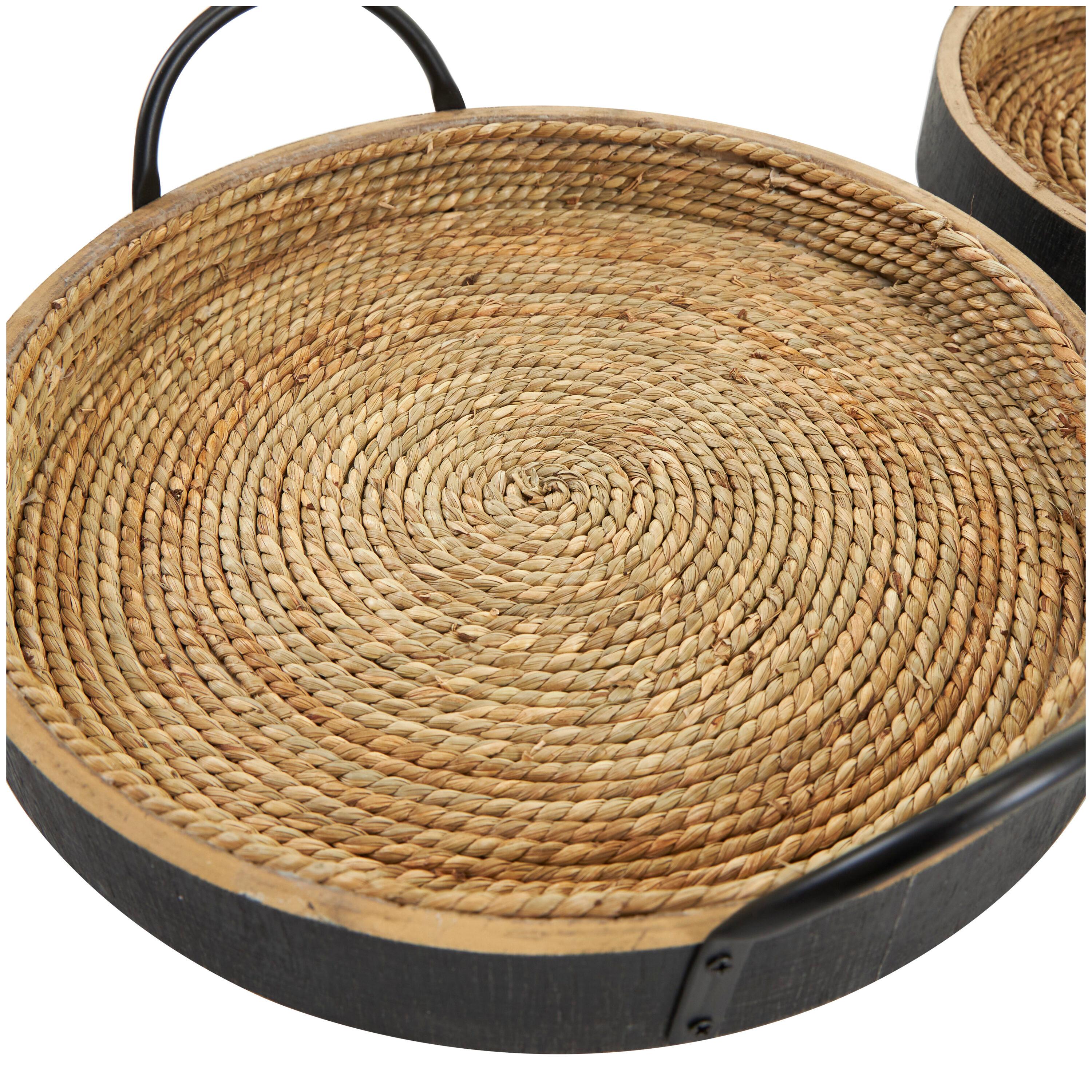Set of 2 Round Black and Natural Wood Decorative Trays