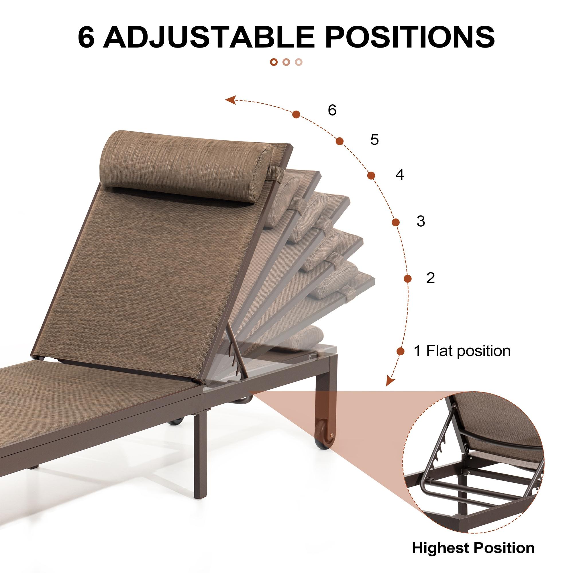 Outdoor Six Position Adjustable Chaise Lounge Chair Brown - Crestlive Products: All-Weather Aluminum Patio Lounger