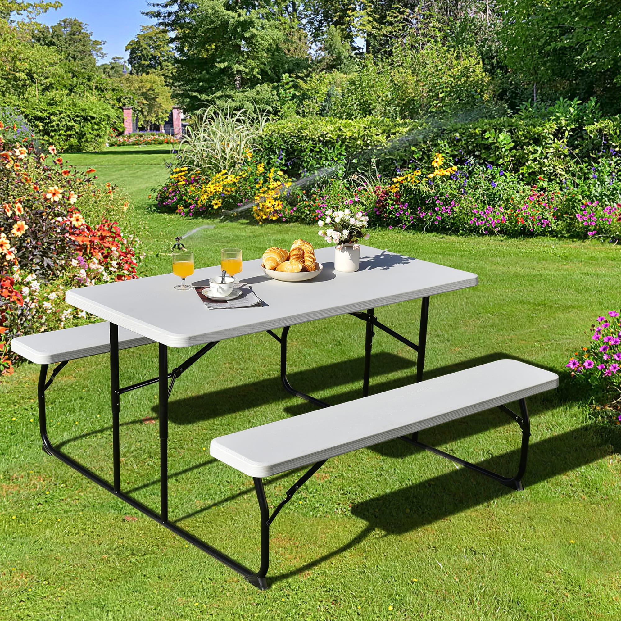 White Plastic Folding Picnic Table Bench Set with Wood-Like Texture