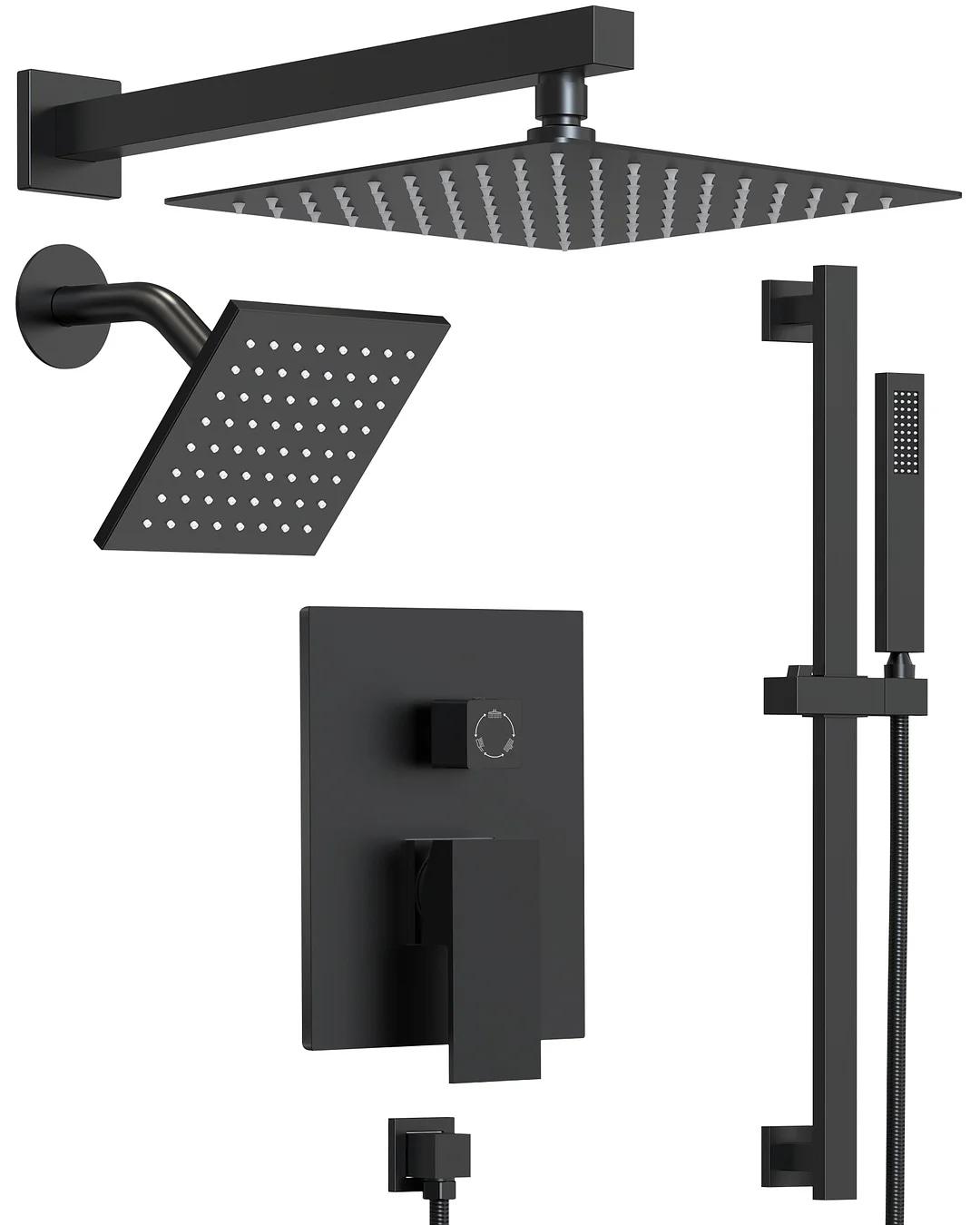GRANDJOY Complete Shower System, 10" and 6" Dual Wall Mount Rain Shower Faucets with Handheld Shower Spray, High Pressure in Matte Black