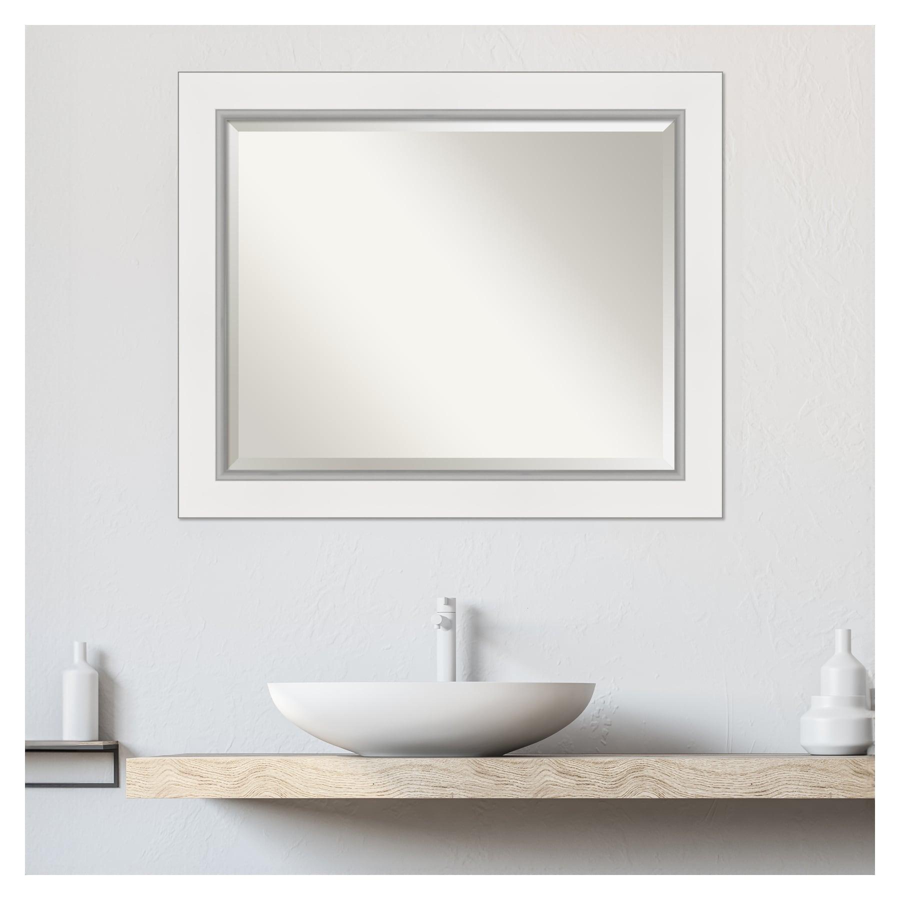 Amanti Art 33" x 27" Eva White Silver Framed Bathroom Vanity Wall Mirror: Modern Rectangular, Wall-Mounted, Beveled Glass