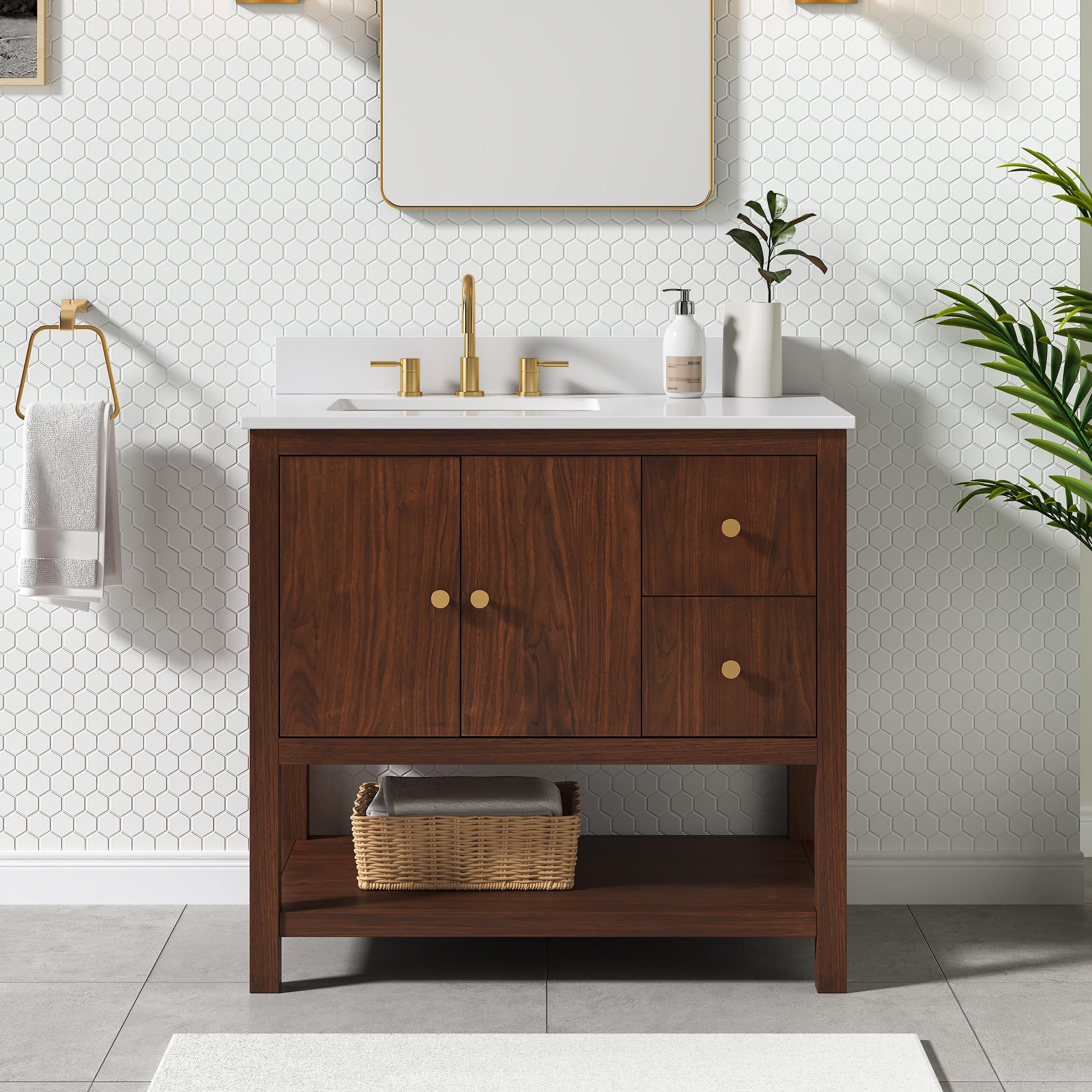 Zoe 37 in. Vanity Combo in Walnut Finish with White Quartz Top