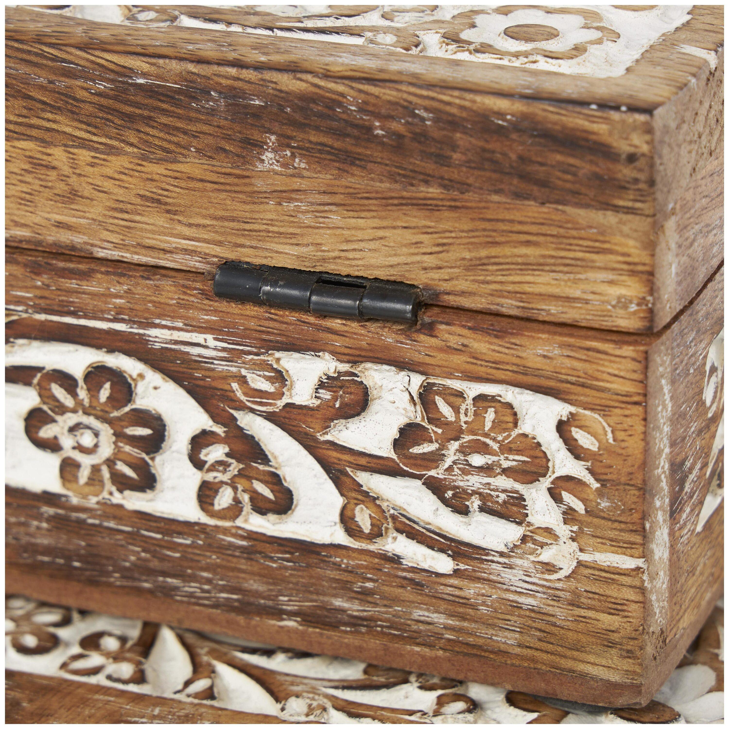 Set of 3 Mango Wood Carved Floral Boxes - Olivia & May: Coastal Style with Lids, Indoor Use, Non-Slip Base