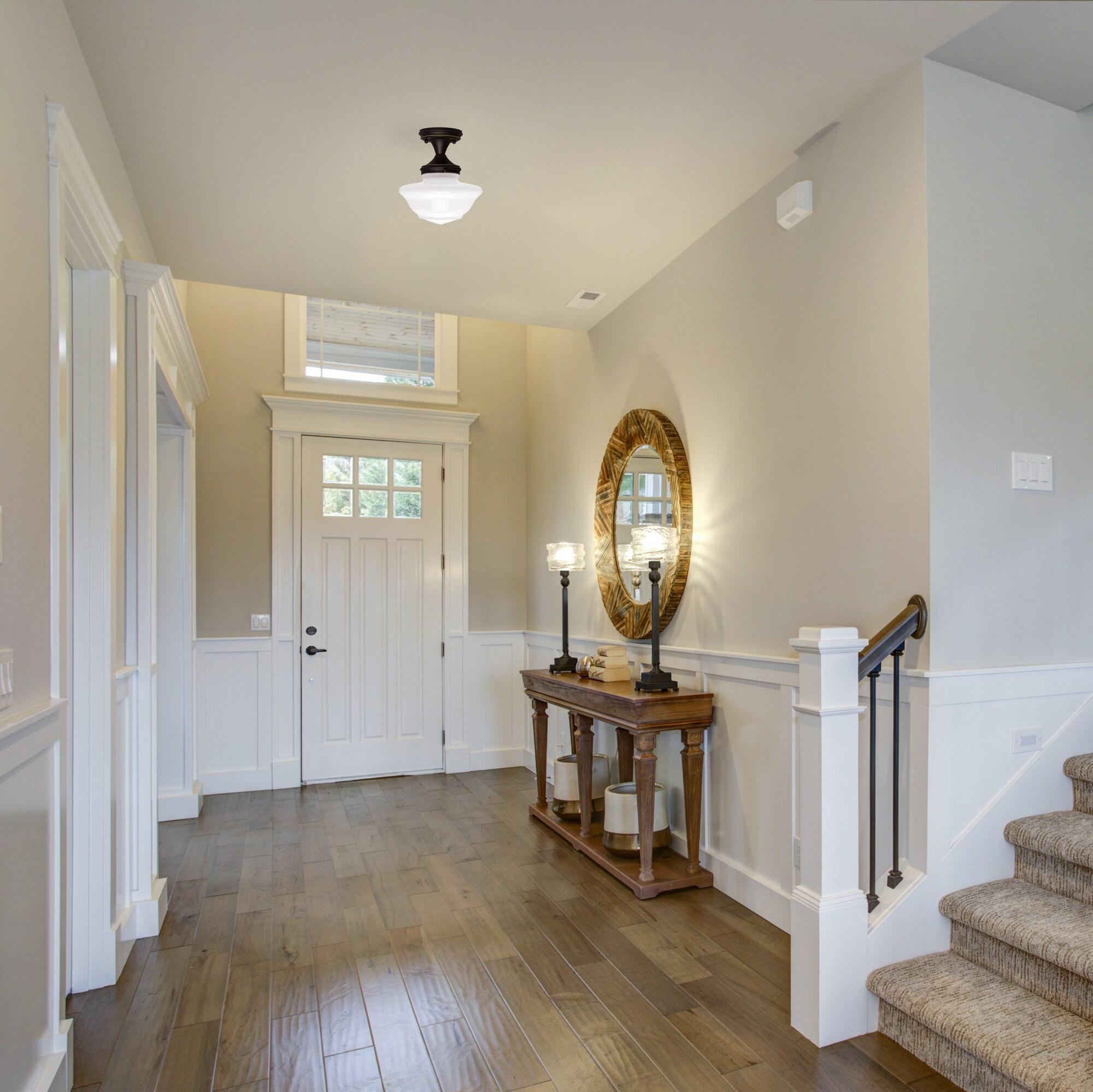 Vintage Globe Schoolhouse Ceiling Light in Oil Rubbed Bronze with White Glass Shade