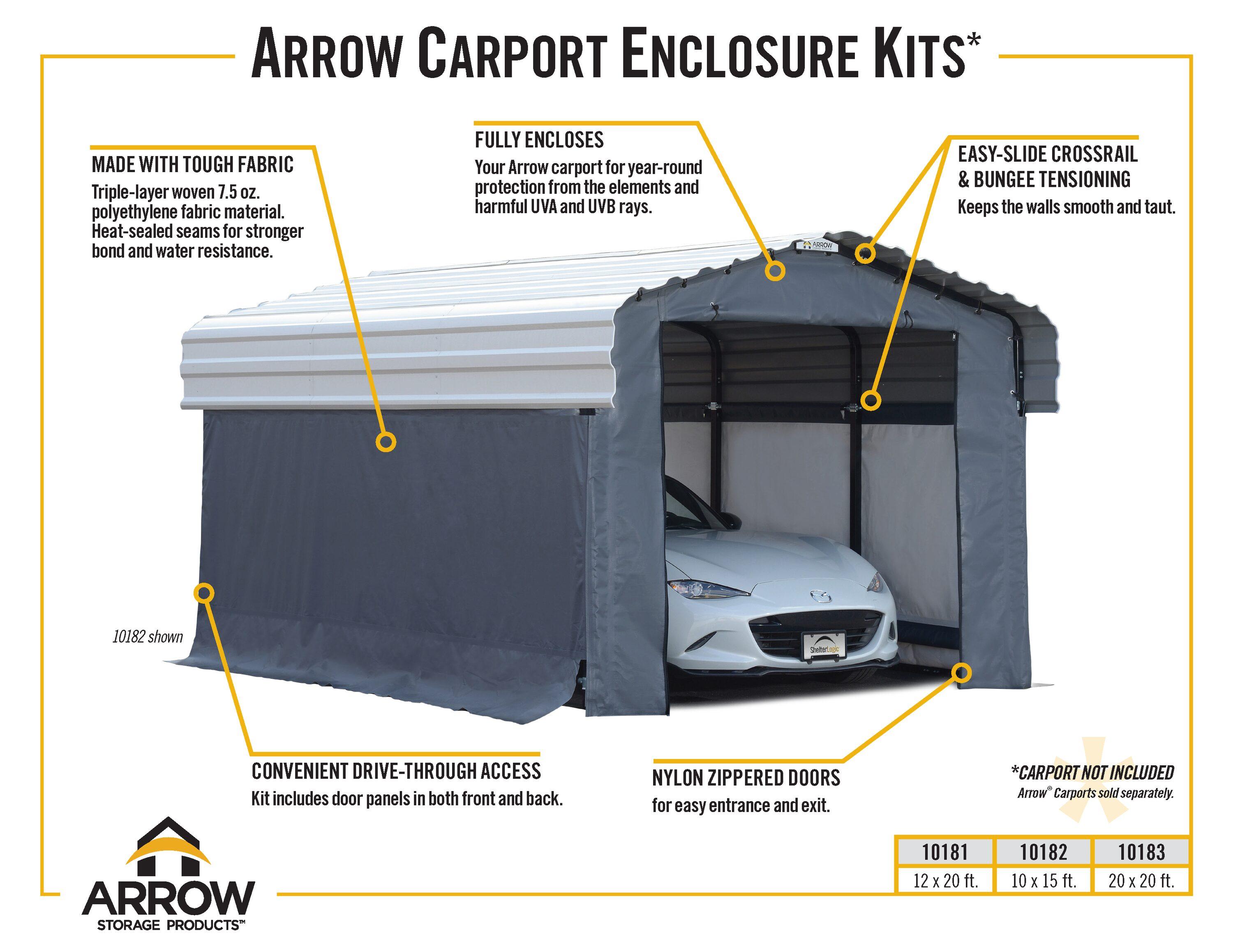 Arrow Carports Enclosure Kit for Galvanized Steel Carport, Fabric Carport Wall Panels, 20' x 20' x 7'