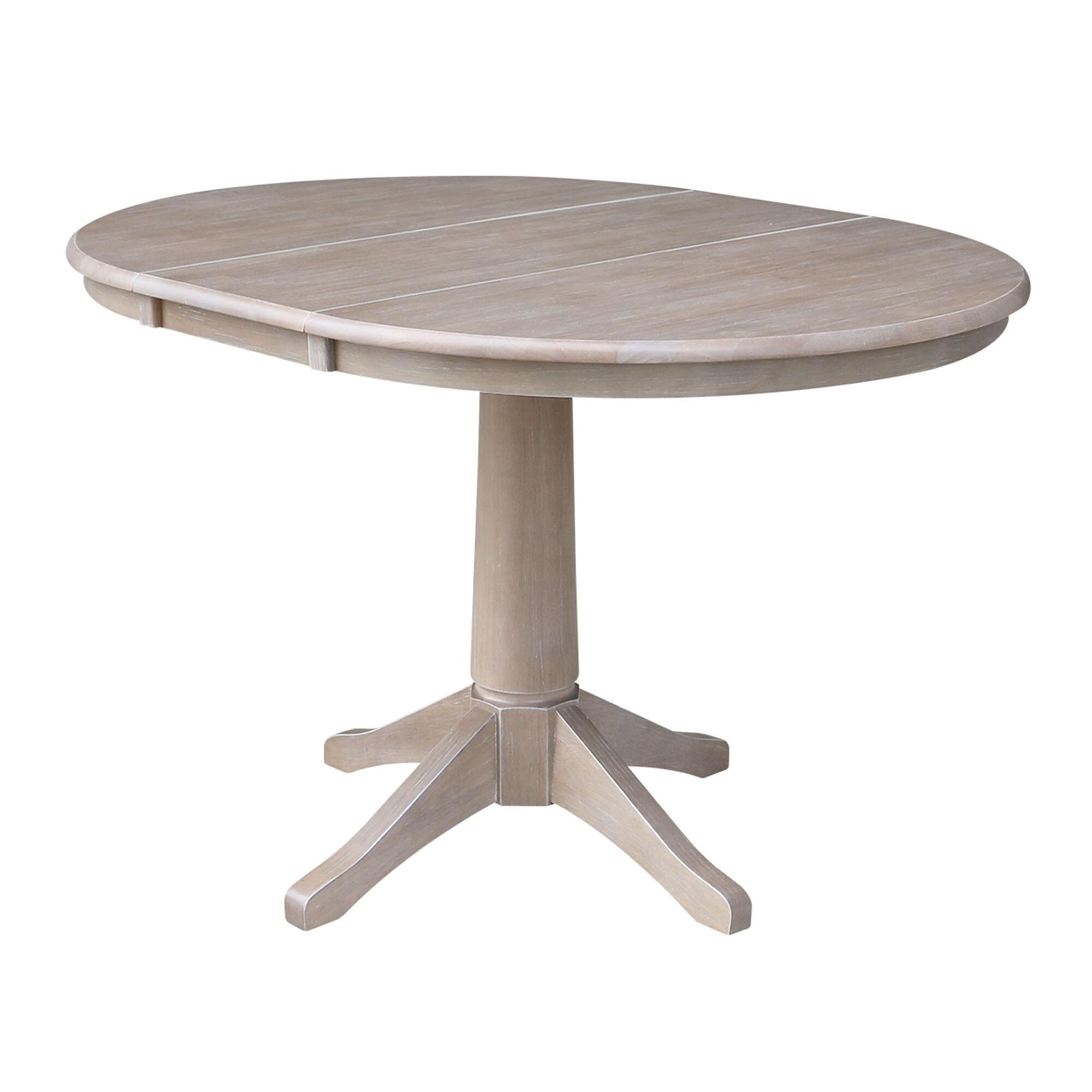 36" Magnolia Round Top Dining Table with 12" Leaf Washed Gray Taupe - International Concepts: Hardwood Pedestal Base, Seats 4