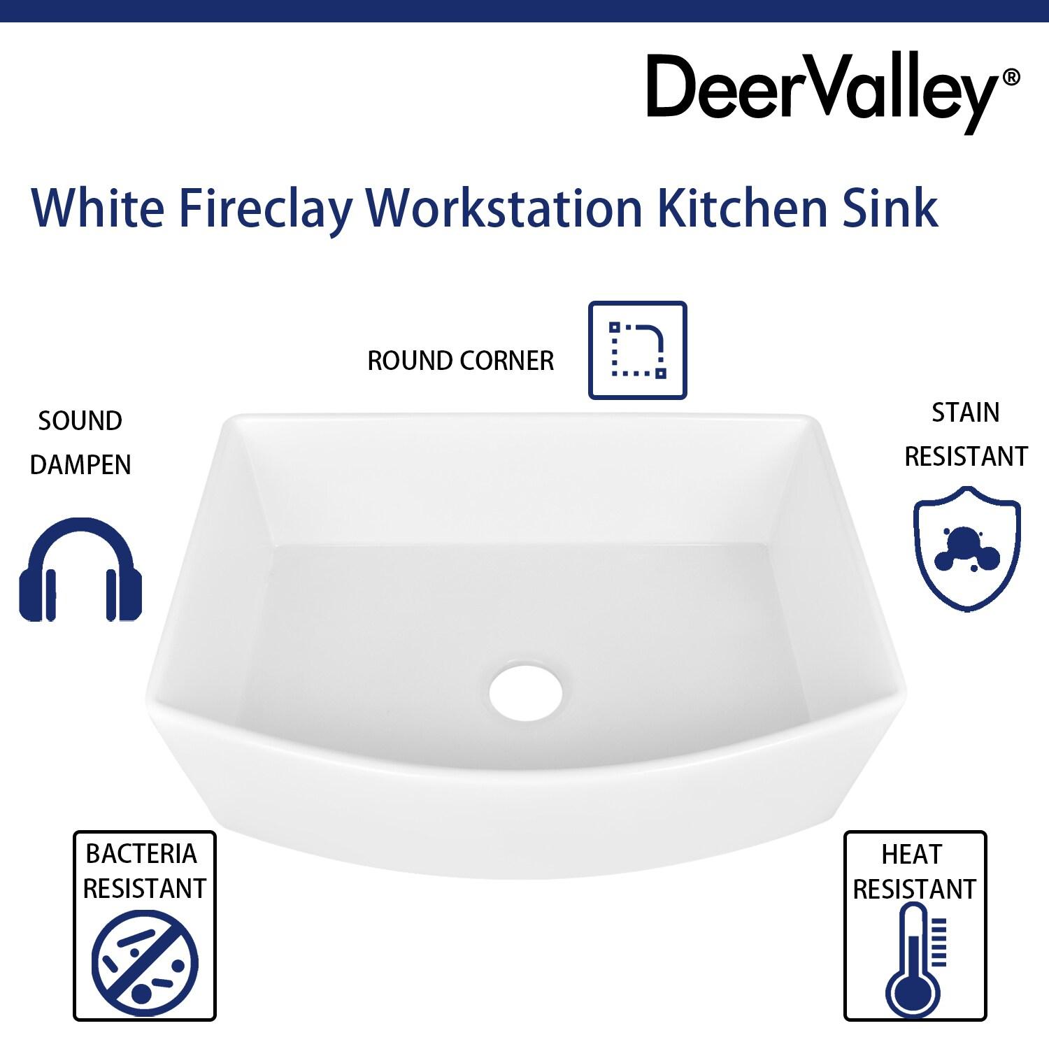 DeerValley Fireclay Single Basin Curved Farmhouse Kitchen Sink with Sink Grid and Basket Strainer