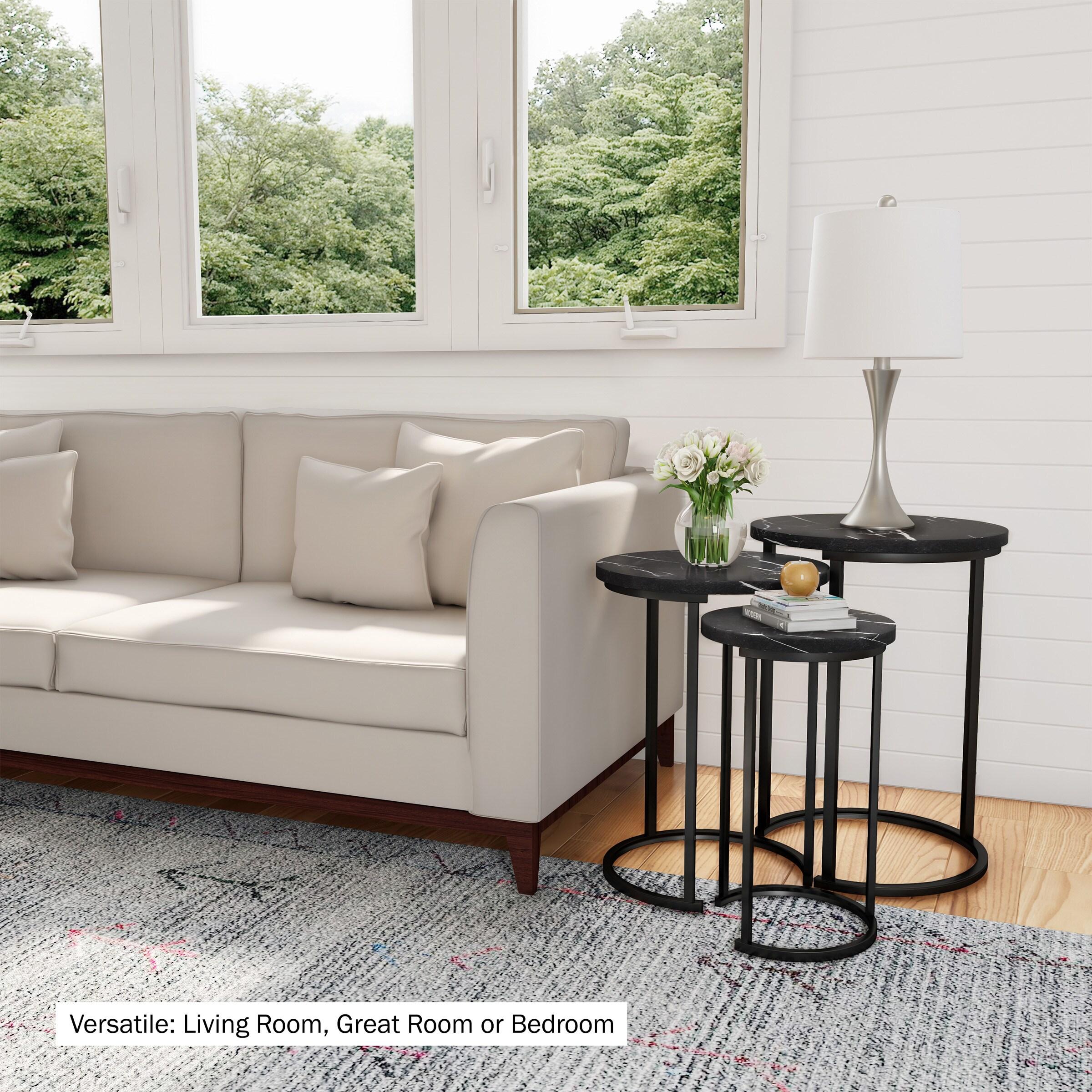Hastings Home Set of 3 Round Living Room End Tables – Modern Faux Marble Top and Black Metal Base Nesting Tables or Nightstands