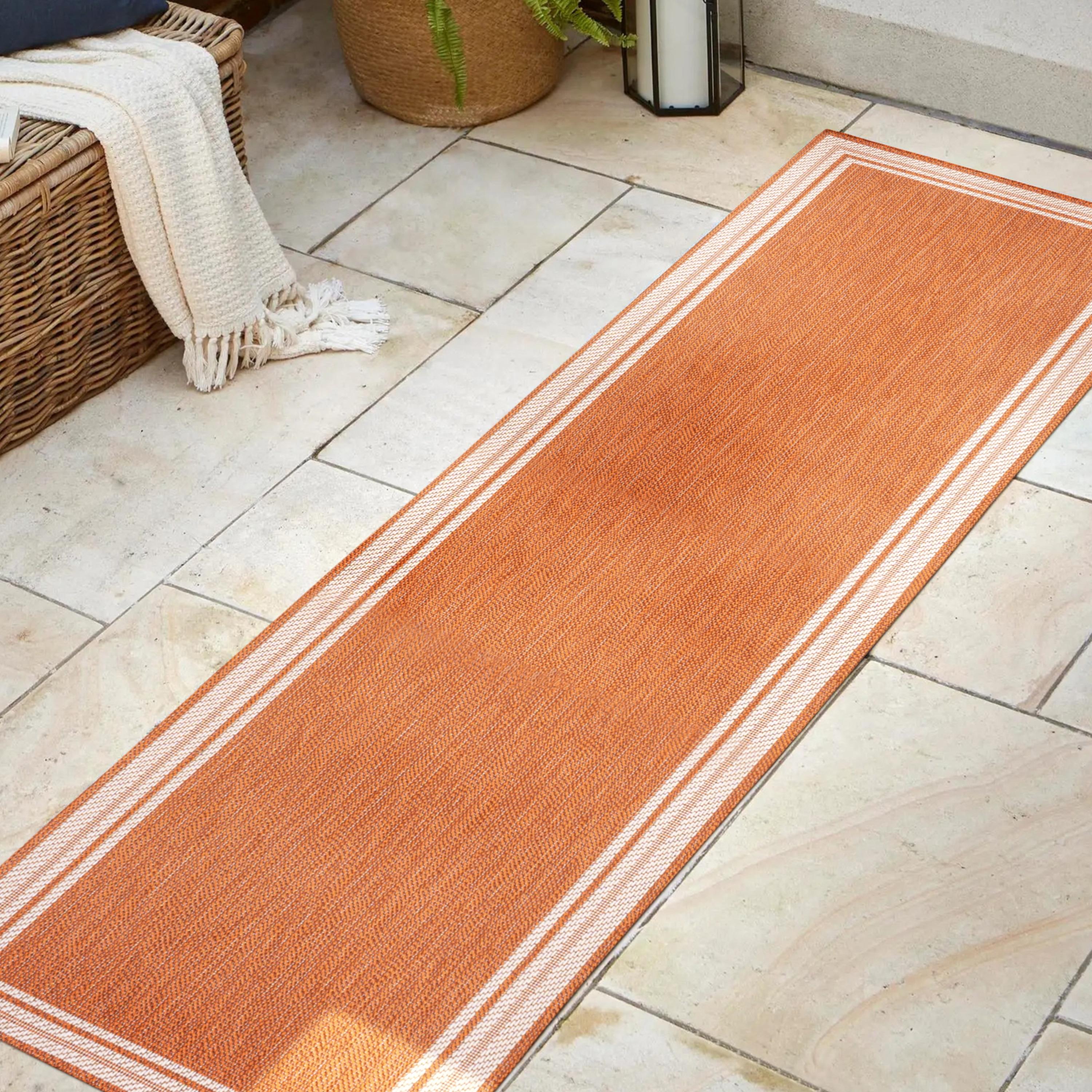 2' x 8' James Modern Border Stripe Indoor/Outdoor Runner Rug, Orange/Cream - JONATHAN Y