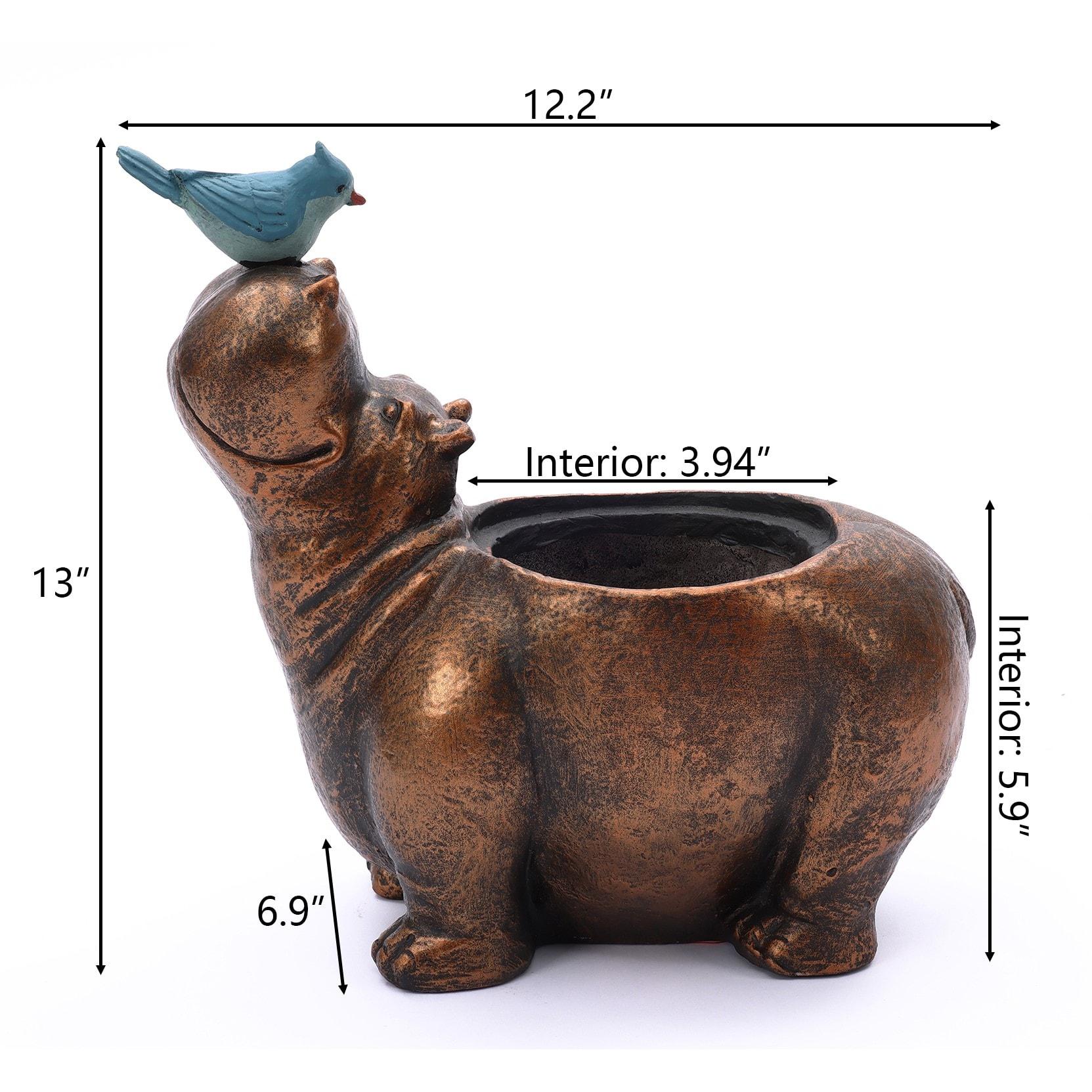 LuxenHome Brown Hippo and Blue Bird MgO Flower Pot Planter