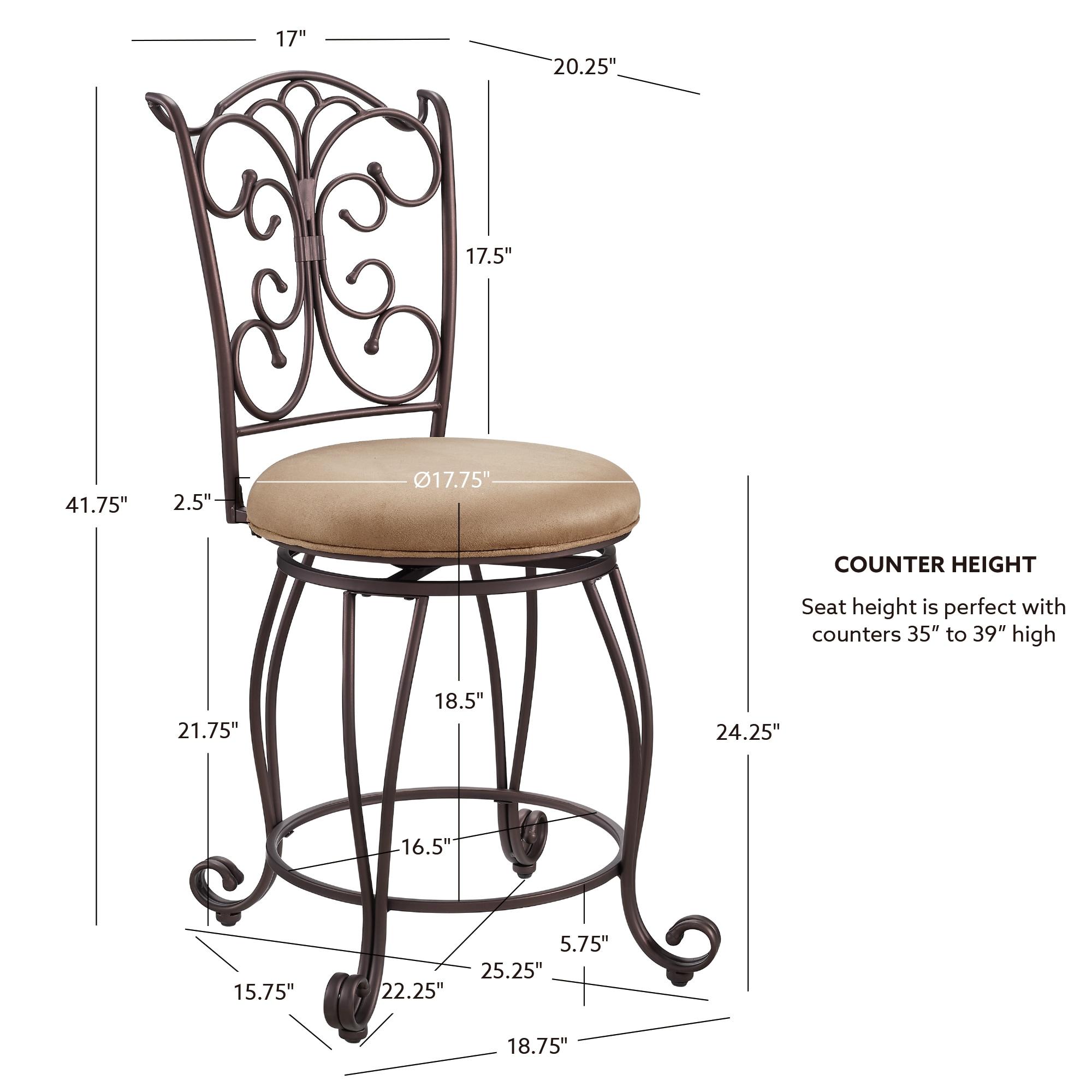 Linon Gathered Back Counter Stool, Brown, 24 inch Seat Height, Light Brown with Caramel Fabric