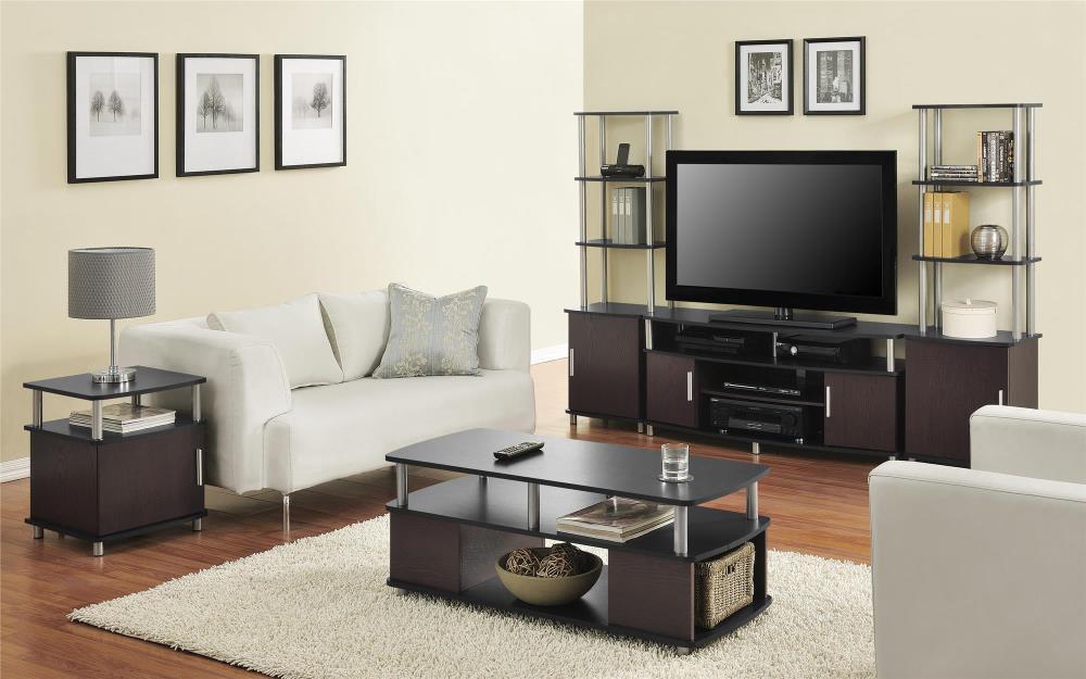 Ameriwood Home Carson TV Stand fits up to 70" with Multiple Open Shelves, Cherry and Black