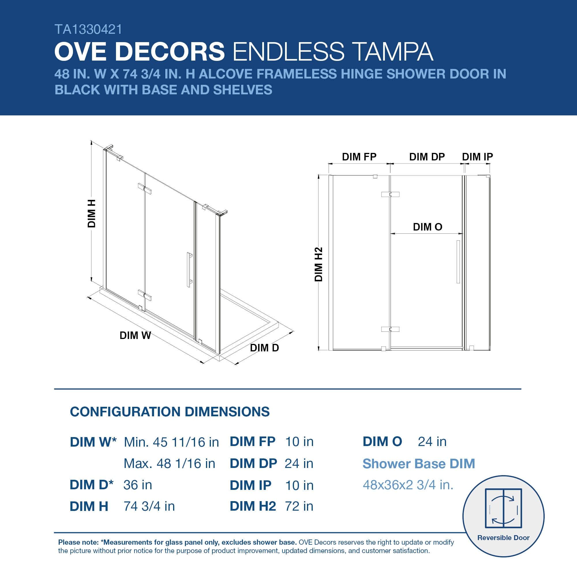 Ove Decors Endless Tampa 47" W x 72" H Alcove Frameless Shower Kit, Door, 2 Panel, Base, Shelves TA1330421