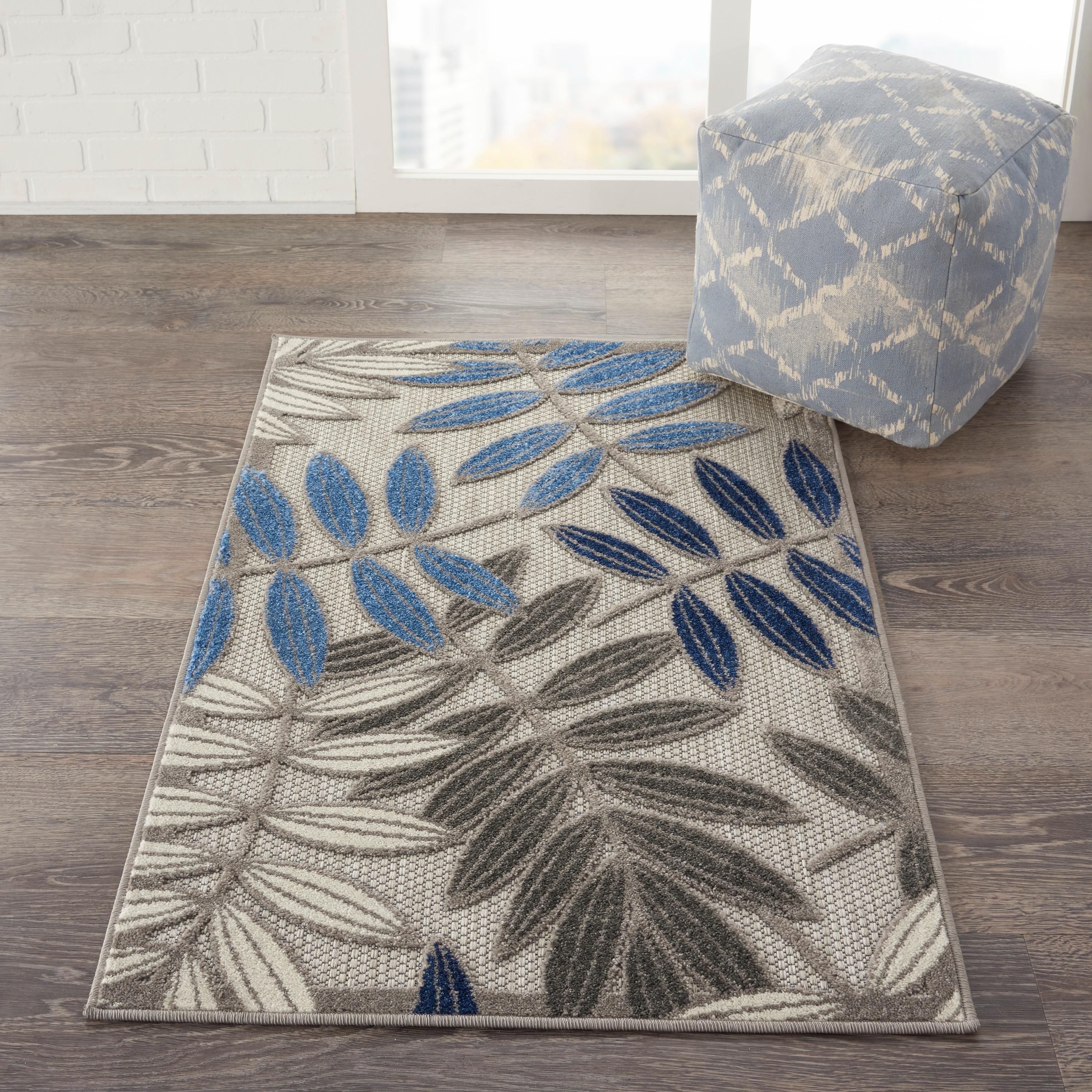 Nourison Aloha Floral Leaf Flatweave High-Low Indoor Outdoor Area Rug Grey/Blue 2'8" x 4'