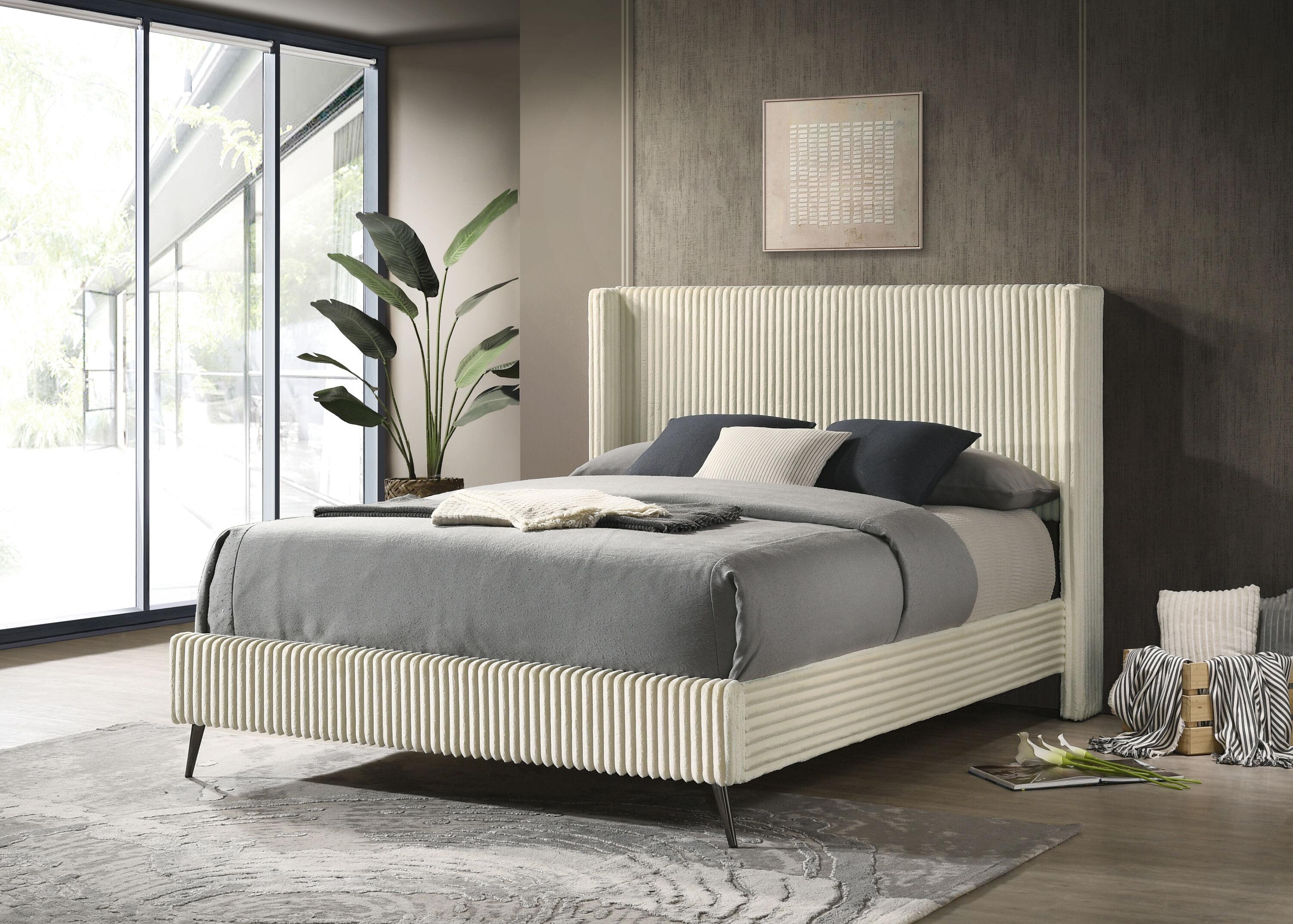 Roundhill Furniture Mavela Wide-wale Corduroy Upholstery Panel Bed with 2 Nightstands and Bench Cream Queen
