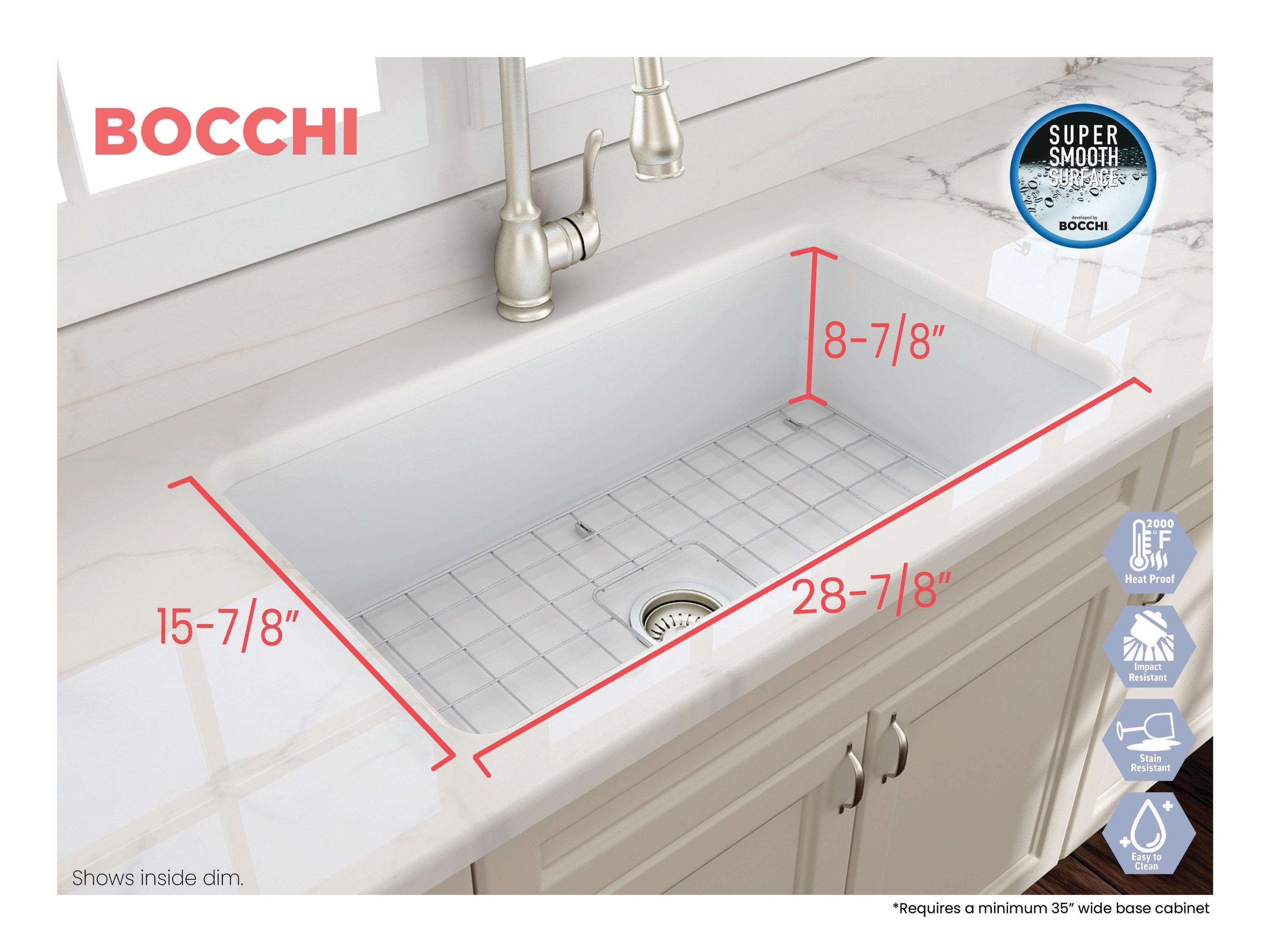 BOCCHI Sotto Undermount Fireclay 32 in. Single Bowl Kitchen Sink with Protective Bottom Grid and Strainer in Matte White