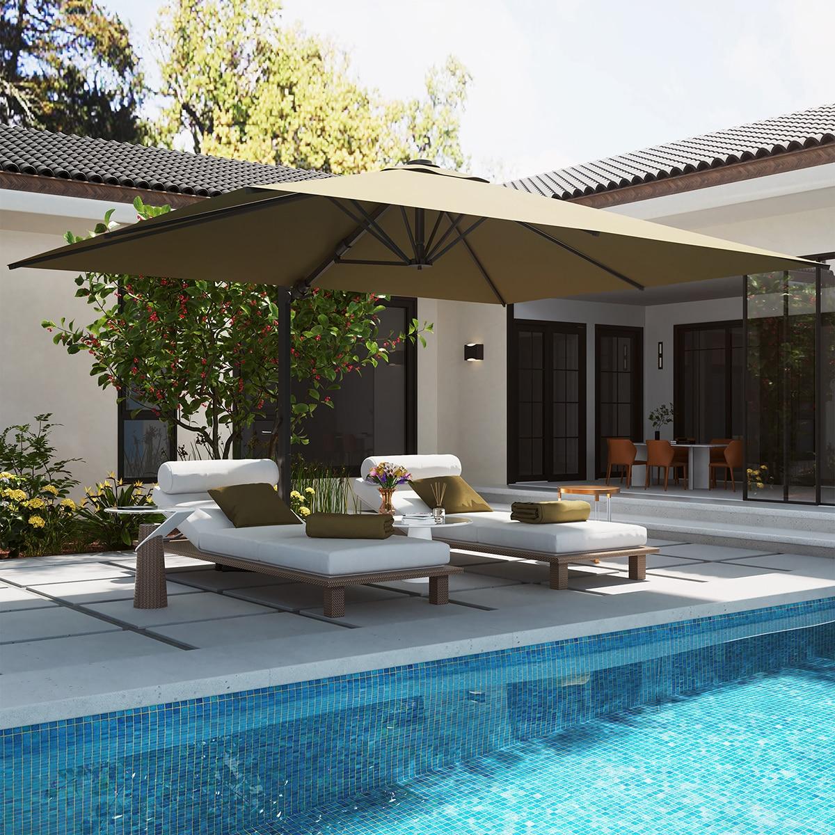 Mondawe 10x13 FT Cantilever Umbrella Large Offset Umbrella with 360°Rotation and LED Light Panel Cantilever Patio Umbrella for Backyard, Pool & Garden, Tan