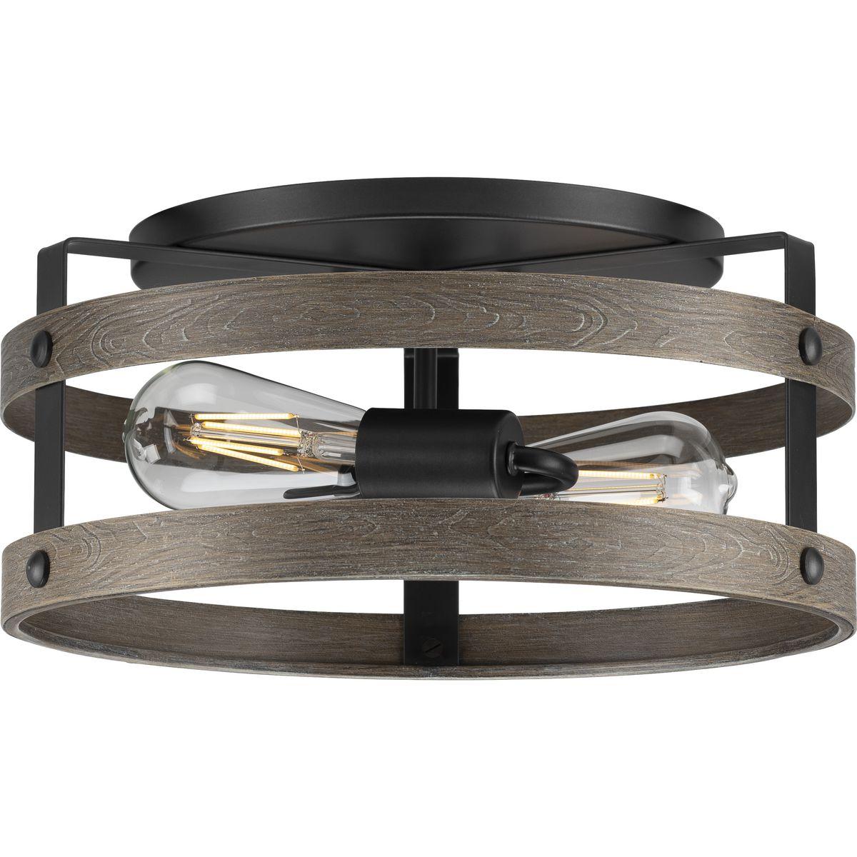 Progress Lighting Gulliver 2-Light Flush Mount Ceiling Light, Graphite, Open-Cage Design, Faux-Wood Finish