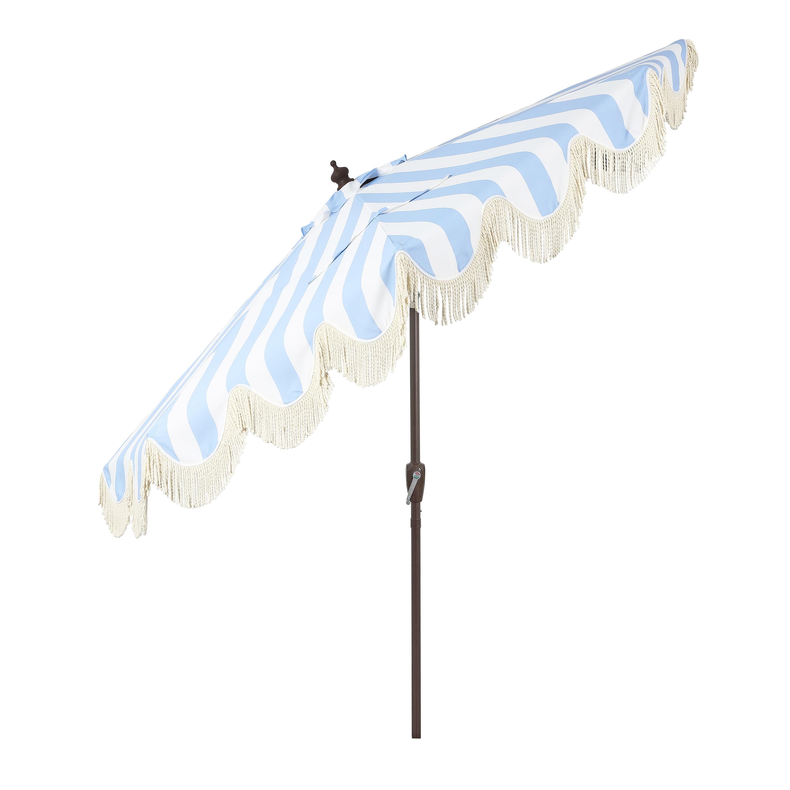 JONATHAN Y Beverly 9 ft. Designer Classic Scalloped Fringe Half Market Patio Umbrella w/ Crank, Push Button Tilt and UV Protection in Light Blue/White